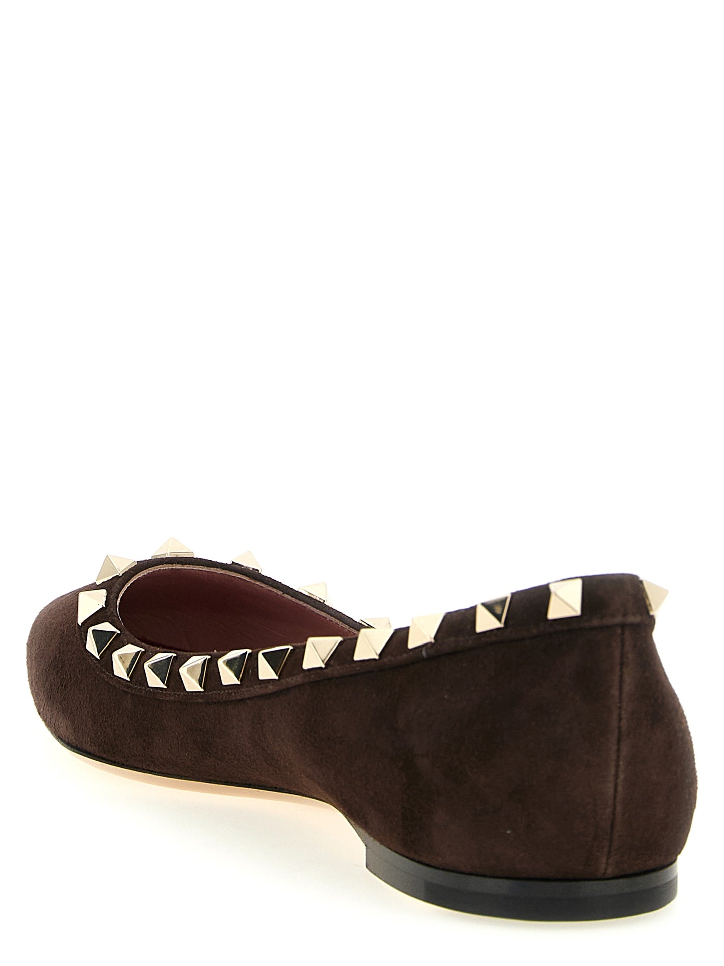 Ballet Flat Shoes by Valentino Garavani for women in bos taurus suede calfskin leather brown & red showcases a resplendent Essence Rockstud Women's Bos Taurus Suede Calfskin Leather Ballet Flat Shoes aesthetic with a and .