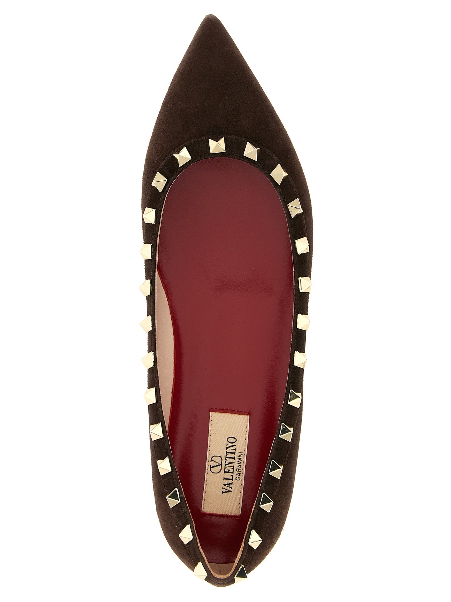 Ballet Flat Shoes by Valentino Garavani for women in bos taurus suede calfskin leather brown & red presents a effortless chic silhouette, showcasing the Essence Rockstud Women's Bos Taurus Suede Calfskin Leather Ballet Flat Shoes design with a effortless chic and for a sophisticated look.