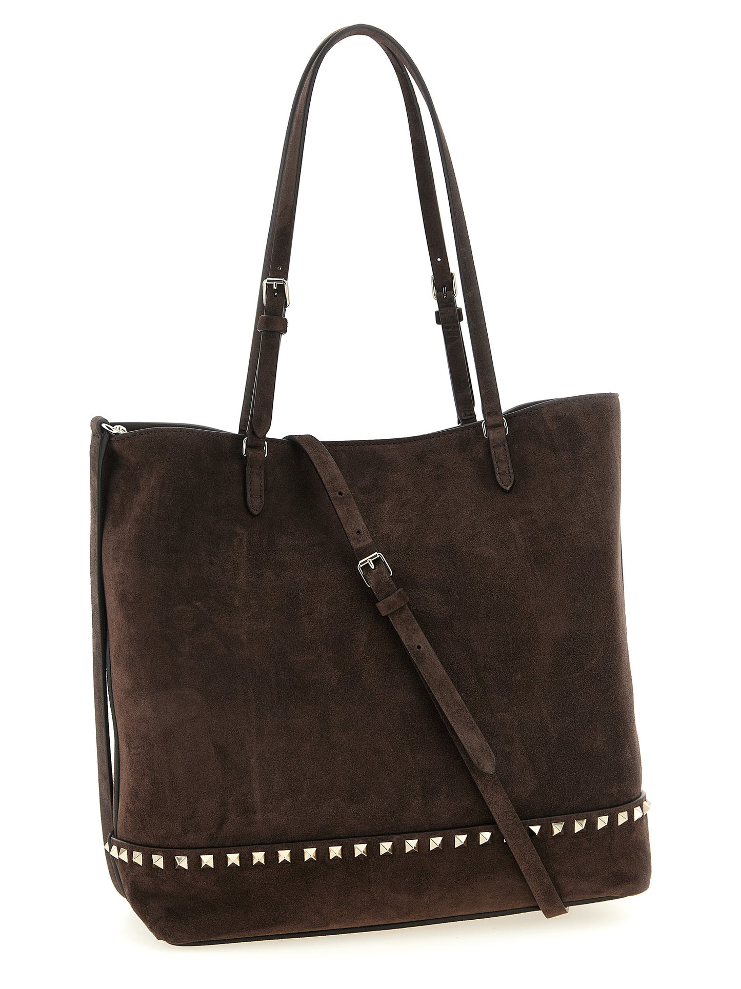 Medium Shoulder Tote Bag by Valentino Garavani for women in suede calfskin leather brown features a distinguished silhouette, showcasing a secure zipper, magnetic & buckle and distinguished with versatile shoulder-strap, adjustable-strap & handle for a distinguished finish.