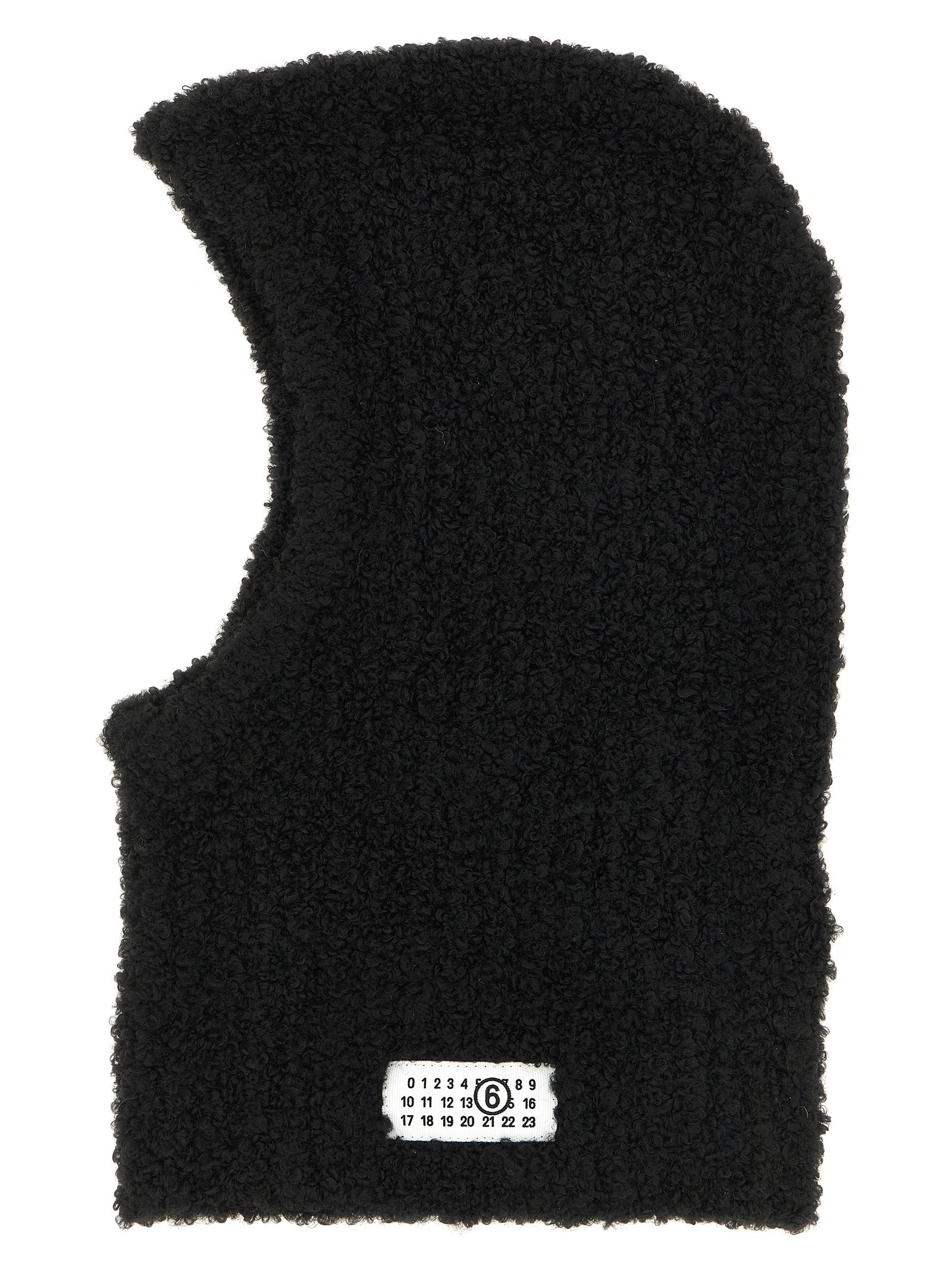 Balaclava by MM6 Maison Margiela for women in marabou wool black & signature features a riviera-ready silhouette, artfully capturing the essence of the riviera-ready Marabou Wool Balaclava design for a sophisticated look.