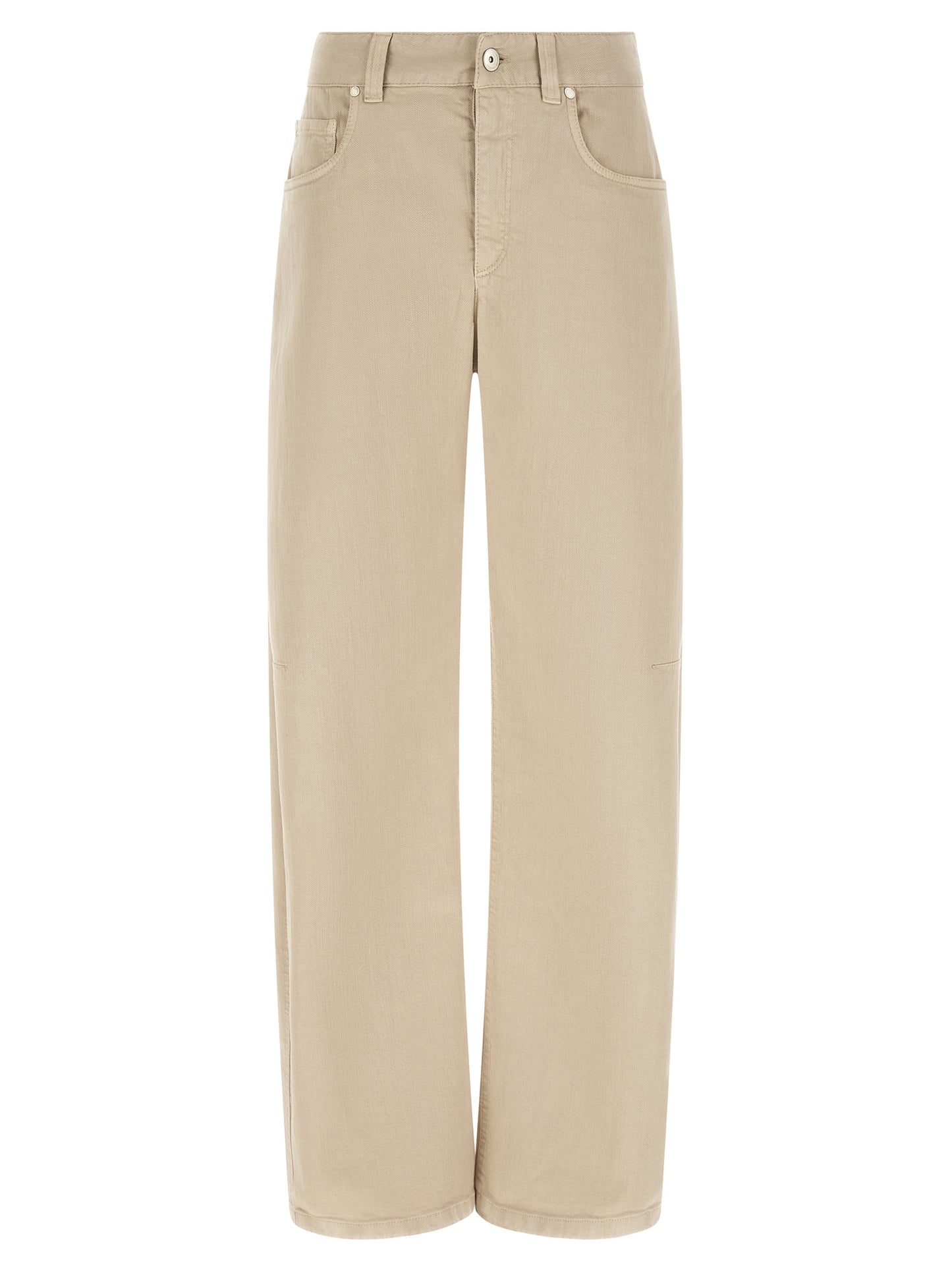 Jeans by Brunello Cucinelli for women in denim cotton canvas beige & brown features a polished silhouette with a polished relaxed-fit & wide, reaching a polished long and finished with a polished .