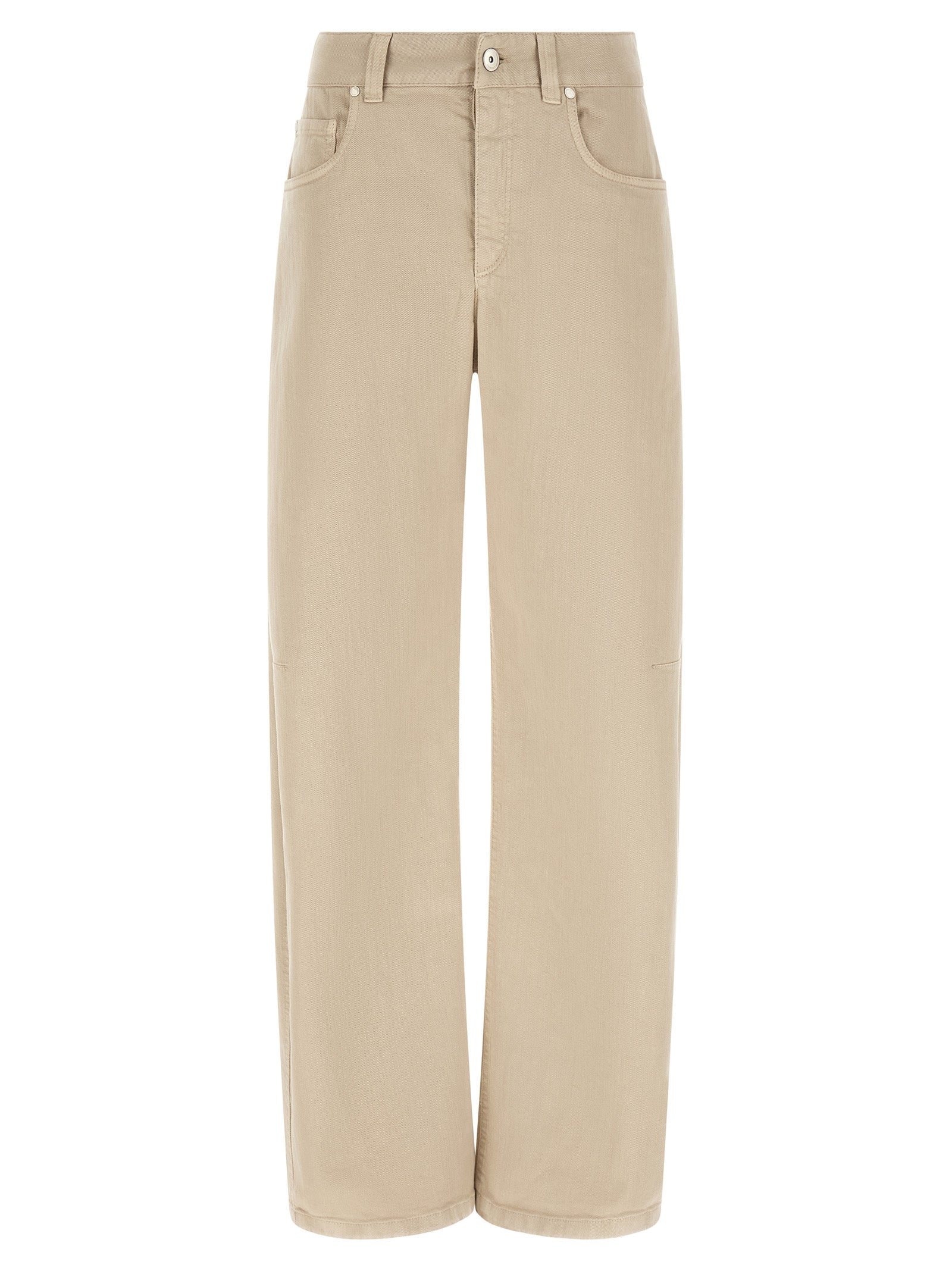 Jeans by Brunello Cucinelli for women in denim cotton canvas beige & brown features a polished silhouette with a polished relaxed-fit & wide, reaching a polished long and finished with a polished .