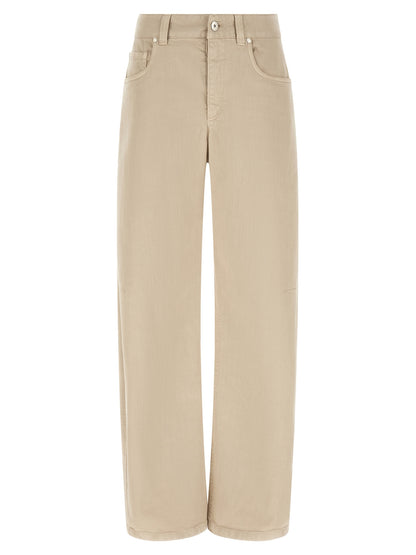 Jeans by Brunello Cucinelli for women in denim cotton canvas beige & brown features a polished silhouette with a polished relaxed-fit & wide, reaching a polished long and finished with a polished .