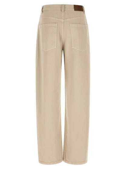 Jeans by Brunello Cucinelli for women in denim cotton canvas beige & brown features an refined tailoring silhouette, showcasing a premium relaxed-fit & wide with a and long cut for a refined tailoring look.