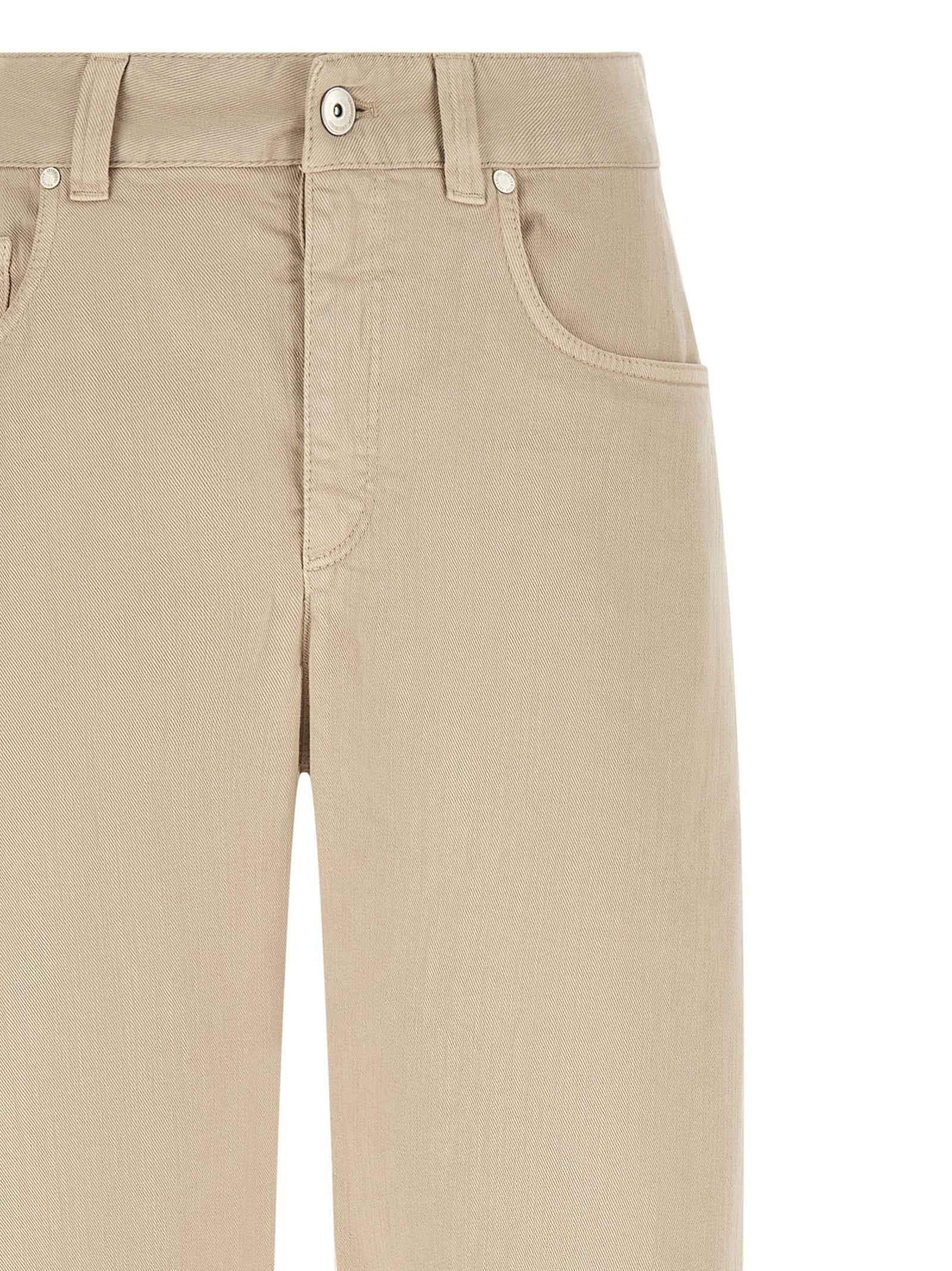 Jeans by Brunello Cucinelli for women in denim cotton canvas beige & brown presents a tailored silhouette, showcasing a tailored relaxed-fit & wide and long cut with a refined for a truly tailored aesthetic.