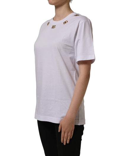Dolce & Gabbana White Cotton Gold DG Logo Crew Neck T-shirt