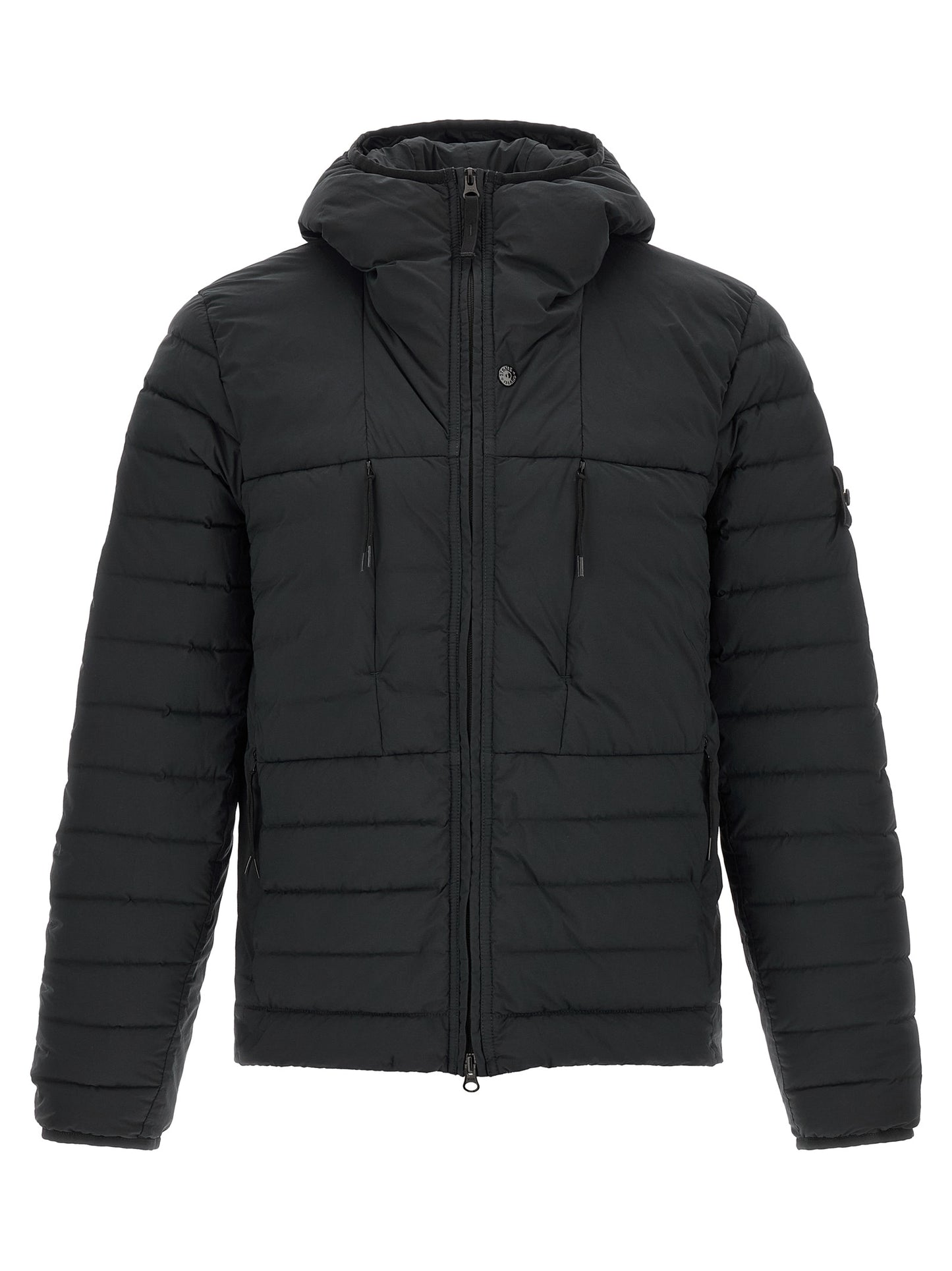 Hooded Puffer Jacket by Stone Island for men in stretch polyamide black showcases a bohemian silhouette, artfully detailed with a bohemian hooded high-neck neckline and signature lightweight, pockets, hooded, insulated & windproof for a truly bohemian finish.