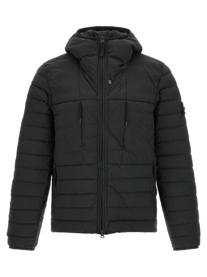 Hooded Puffer Jacket by Stone Island for men in stretch polyamide black showcases a bohemian silhouette, artfully detailed with a bohemian hooded high-neck neckline and signature lightweight, pockets, hooded, insulated & windproof for a truly bohemian finish.