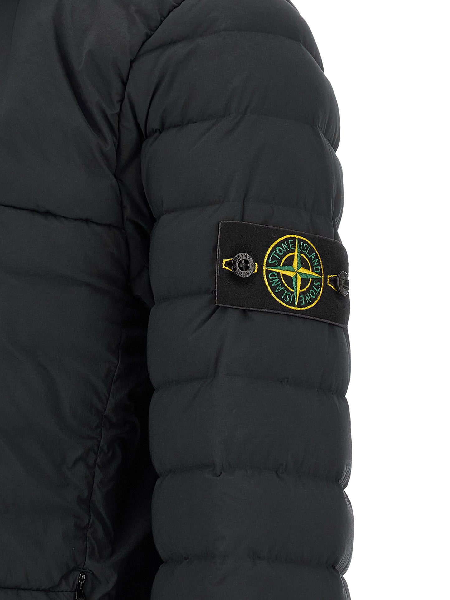 Hooded Puffer Jacket by Stone Island for men in stretch polyamide black features an contemporary silhouette, showcasing a sophisticated and contemporary lightweight, pockets, hooded, insulated & windproof for a truly refined look.