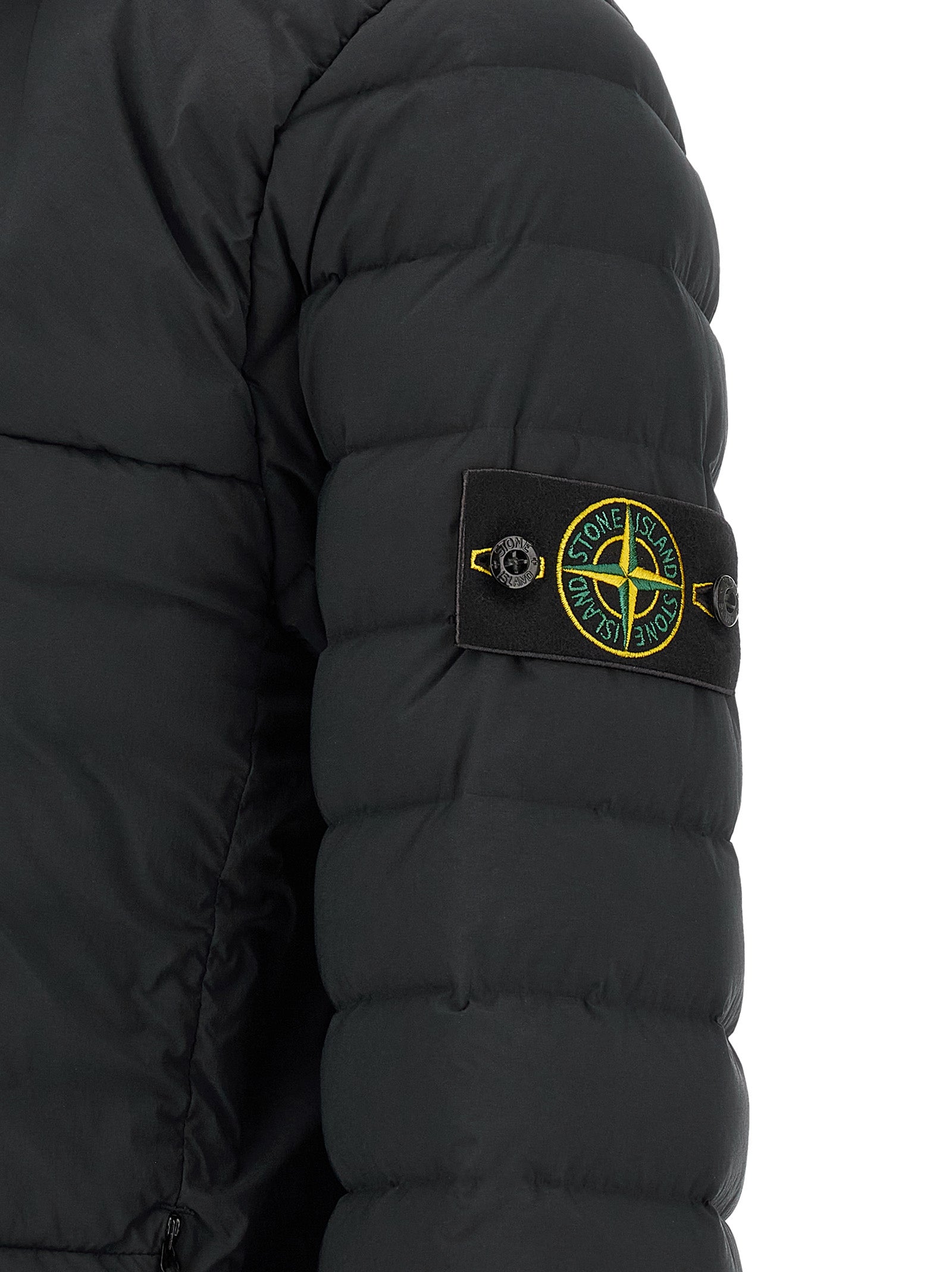 Hooded Puffer Jacket by Stone Island for men in stretch polyamide black features an contemporary silhouette, showcasing a sophisticated and contemporary lightweight, pockets, hooded, insulated & windproof for a truly refined look.