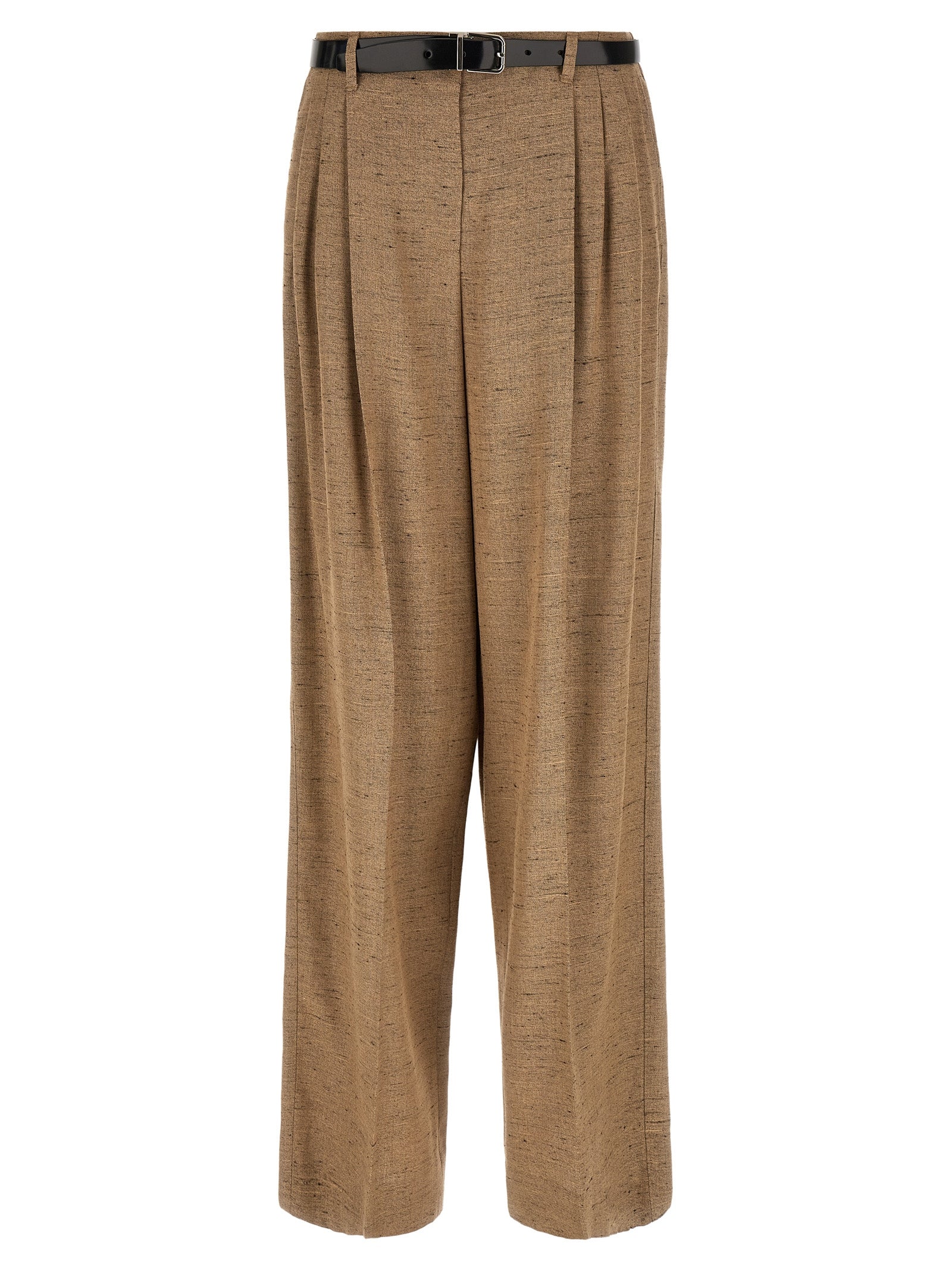 Trousers by Dolce & Gabbana for women in linen polyamide & viscose tweed beige presents a perennial silhouette, meticulously tailored with a wide cut, long finish, and an elegant high rise.