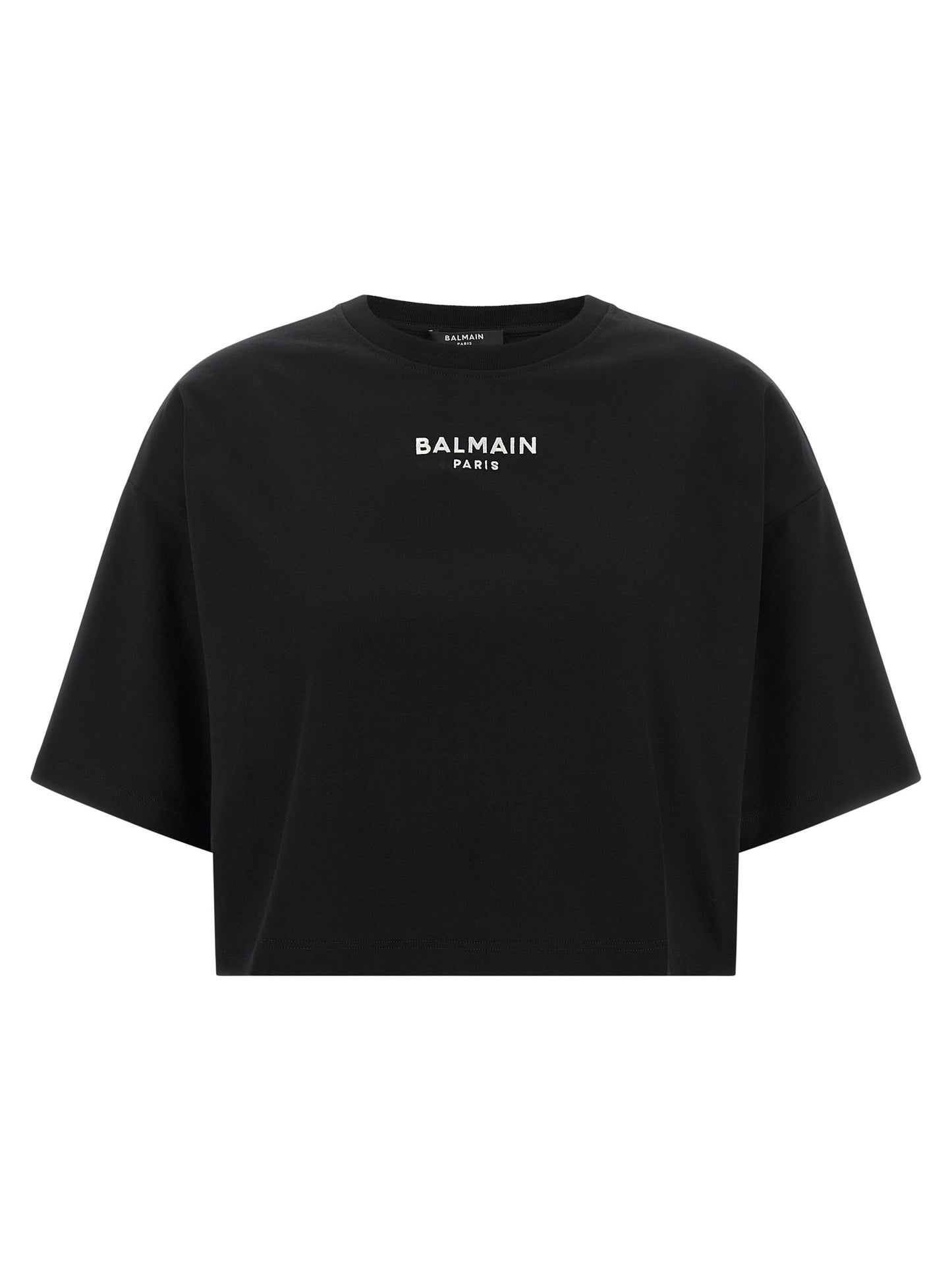T-Shirt by Balmain for women in cotton black showcases a dramatic silhouette, elegantly detailed with a dramatic and short-sleeve for a truly dramatic finish.