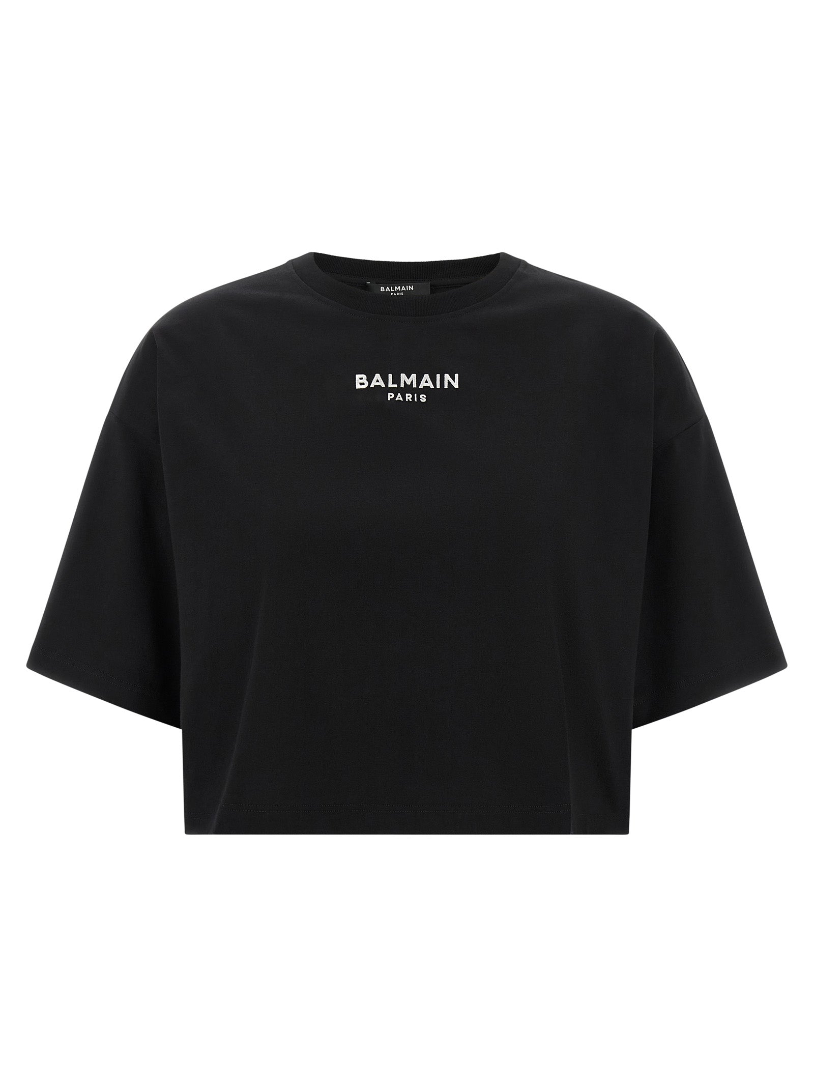 T-Shirt by Balmain for women in cotton black showcases a dramatic silhouette, elegantly detailed with a dramatic and short-sleeve for a truly dramatic finish.