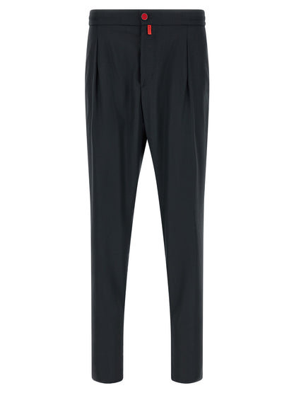 Trousers by Kiton for men in virgin wool dark-blue & red features a artisanal silhouette, showcasing a sophisticated with a long and for a artisanal finish.