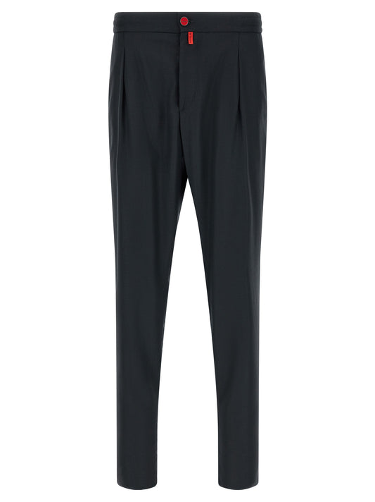 Trousers by Kiton for men in virgin wool dark-blue & red features a artisanal silhouette, showcasing a sophisticated with a long and for a artisanal finish.