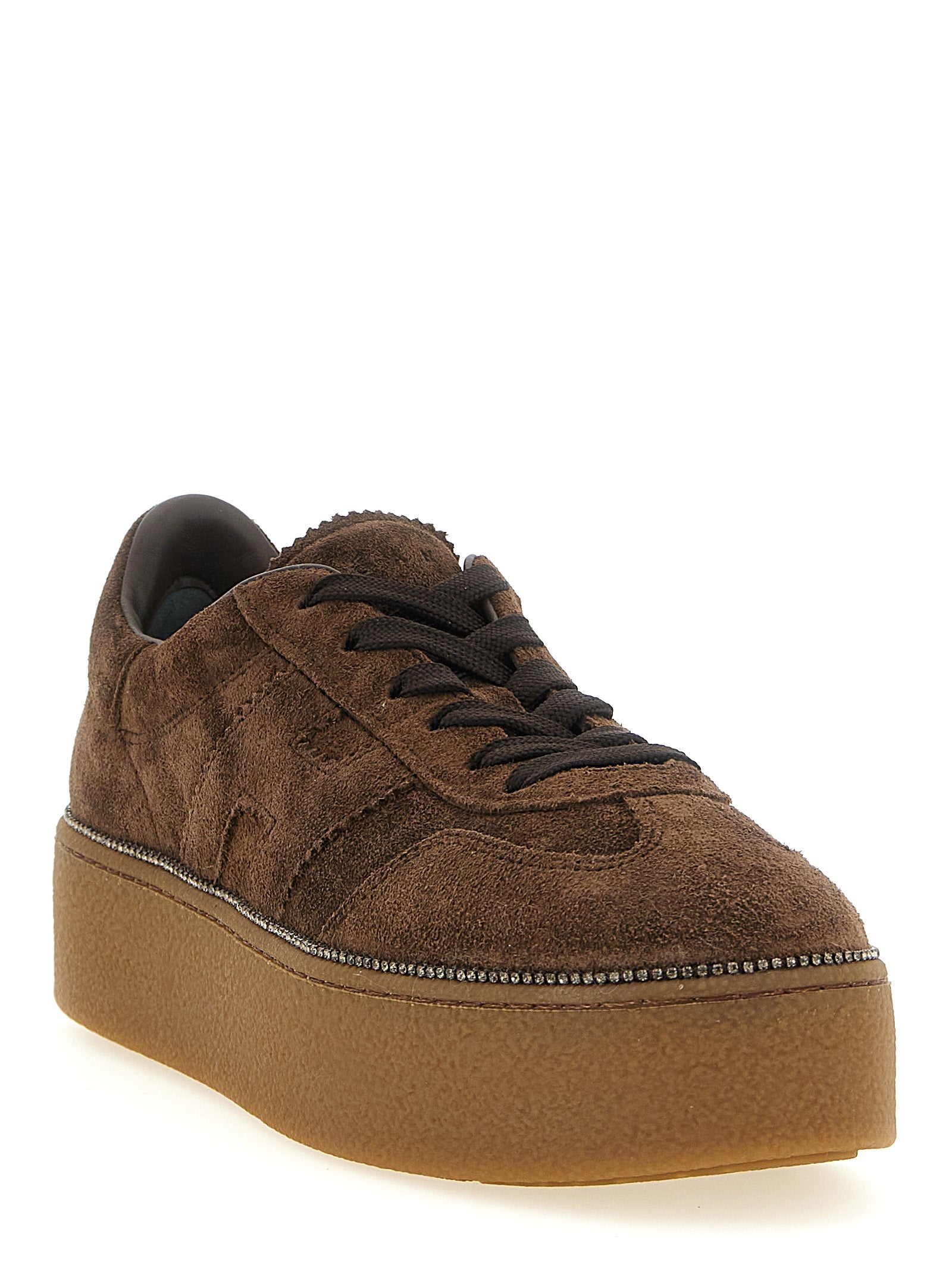 Sneakers by Hogan for women in suede calfskin leather & rhinestone brown presents a sumptuous silhouette, artfully capturing the essence of the Women's Fashion Suede Calfskin Leather & Rhinestone Sneakers with its sumptuous fashion style design.