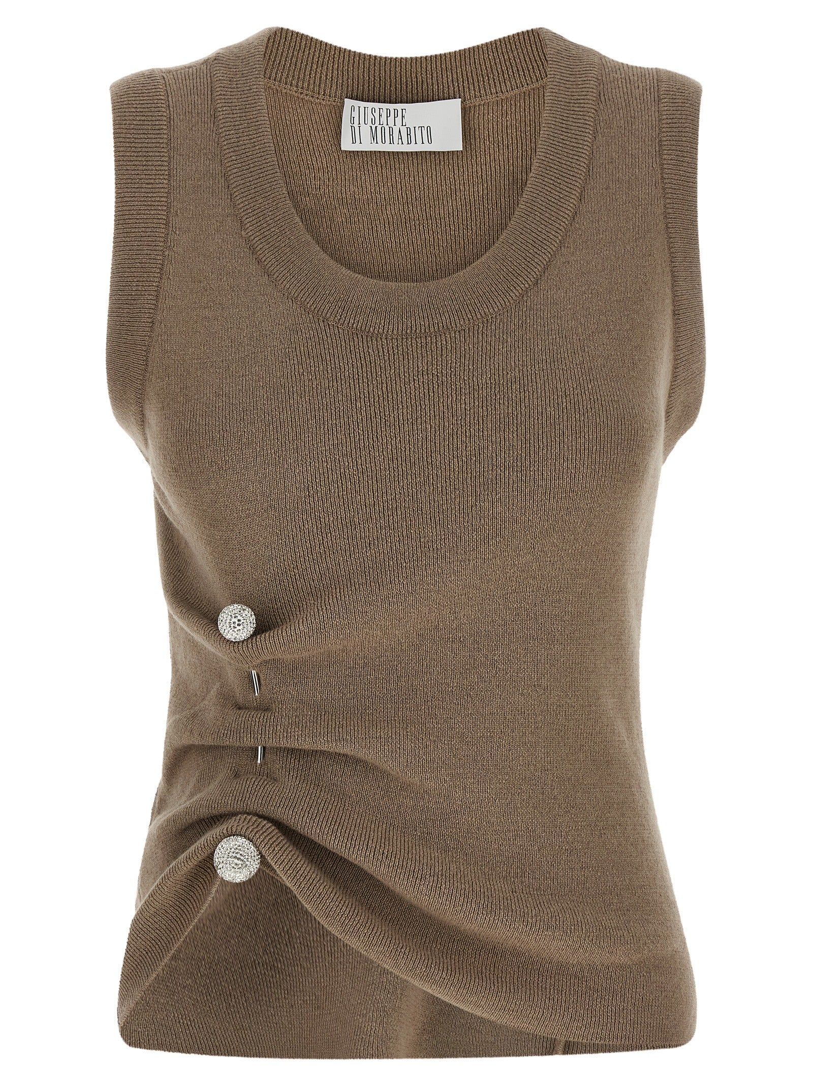 T-Shirt by Giuseppe Di Morabito for women in virgin wool & crystal beige showcases a fashionable silhouette, elegantly detailed with a fashionable sleeveless and for a sophisticated, high-fashion look.