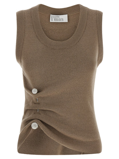 T-Shirt by Giuseppe Di Morabito for women in virgin wool & crystal beige showcases a fashionable silhouette, elegantly detailed with a fashionable sleeveless and for a sophisticated, high-fashion look.