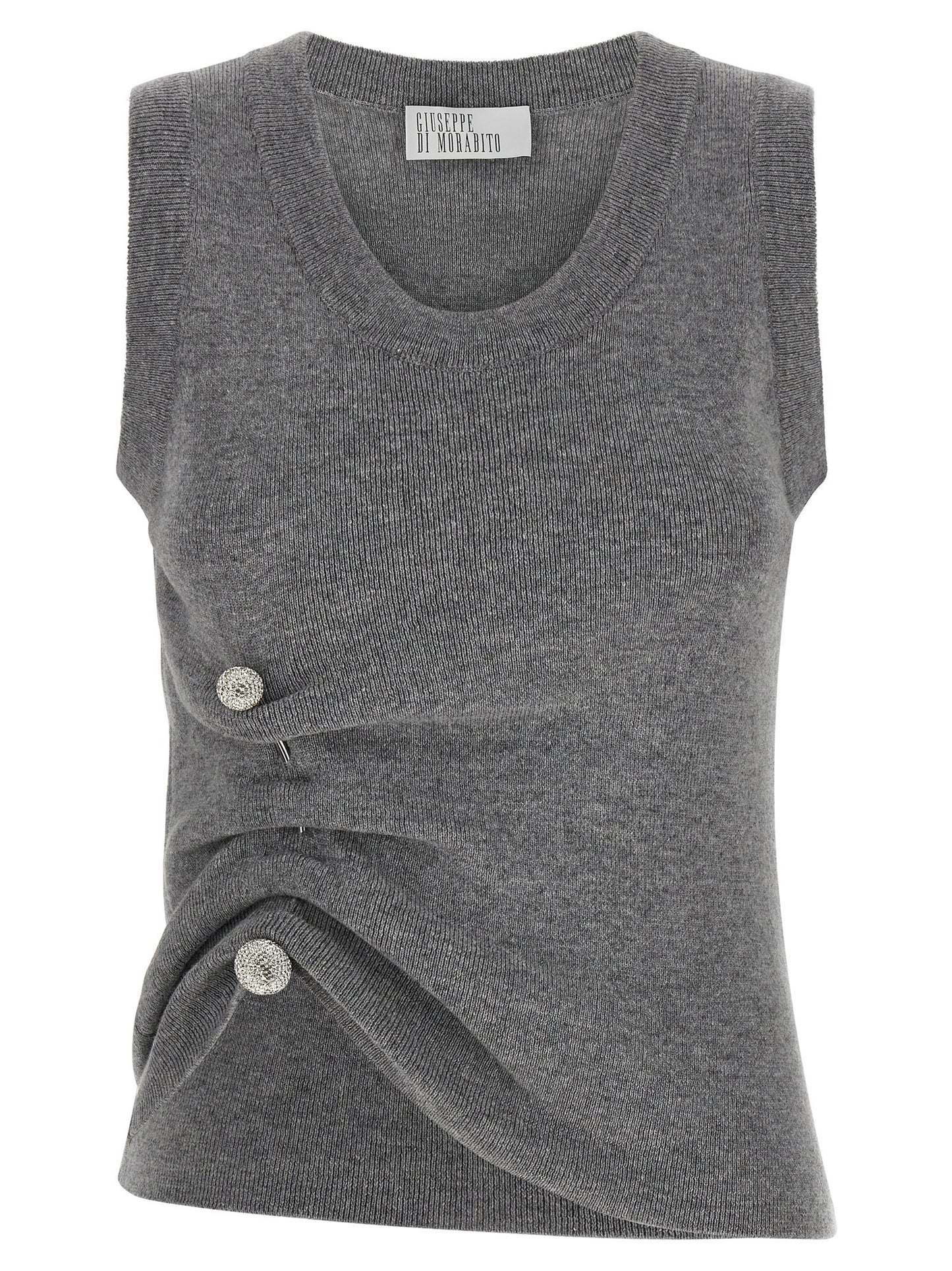 Sweater by Giuseppe Di Morabito for women in virgin wool & crystal gray showcases a downtown chic silhouette, artfully finished with a downtown chic round neckline and sleeveless for a sophisticated, high-end look.