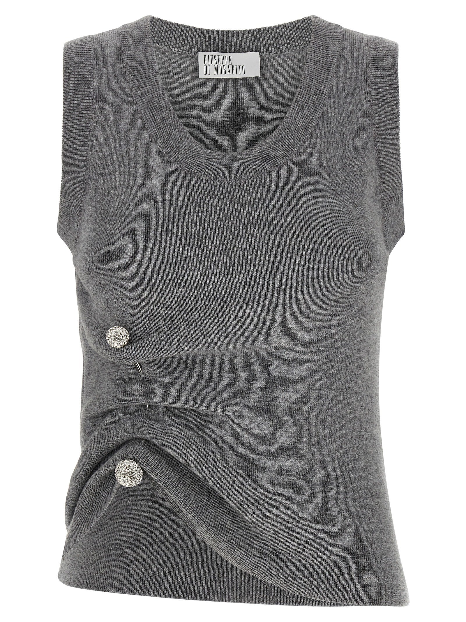 Sweater by Giuseppe Di Morabito for women in virgin wool & crystal gray showcases a downtown chic silhouette, artfully finished with a downtown chic round neckline and sleeveless for a sophisticated, high-end look.