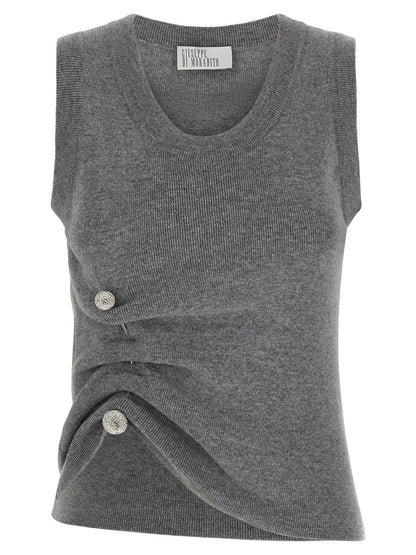 Sweater by Giuseppe Di Morabito for women in virgin wool & crystal gray showcases a downtown chic silhouette, artfully finished with a downtown chic round neckline and sleeveless for a sophisticated, high-end look.