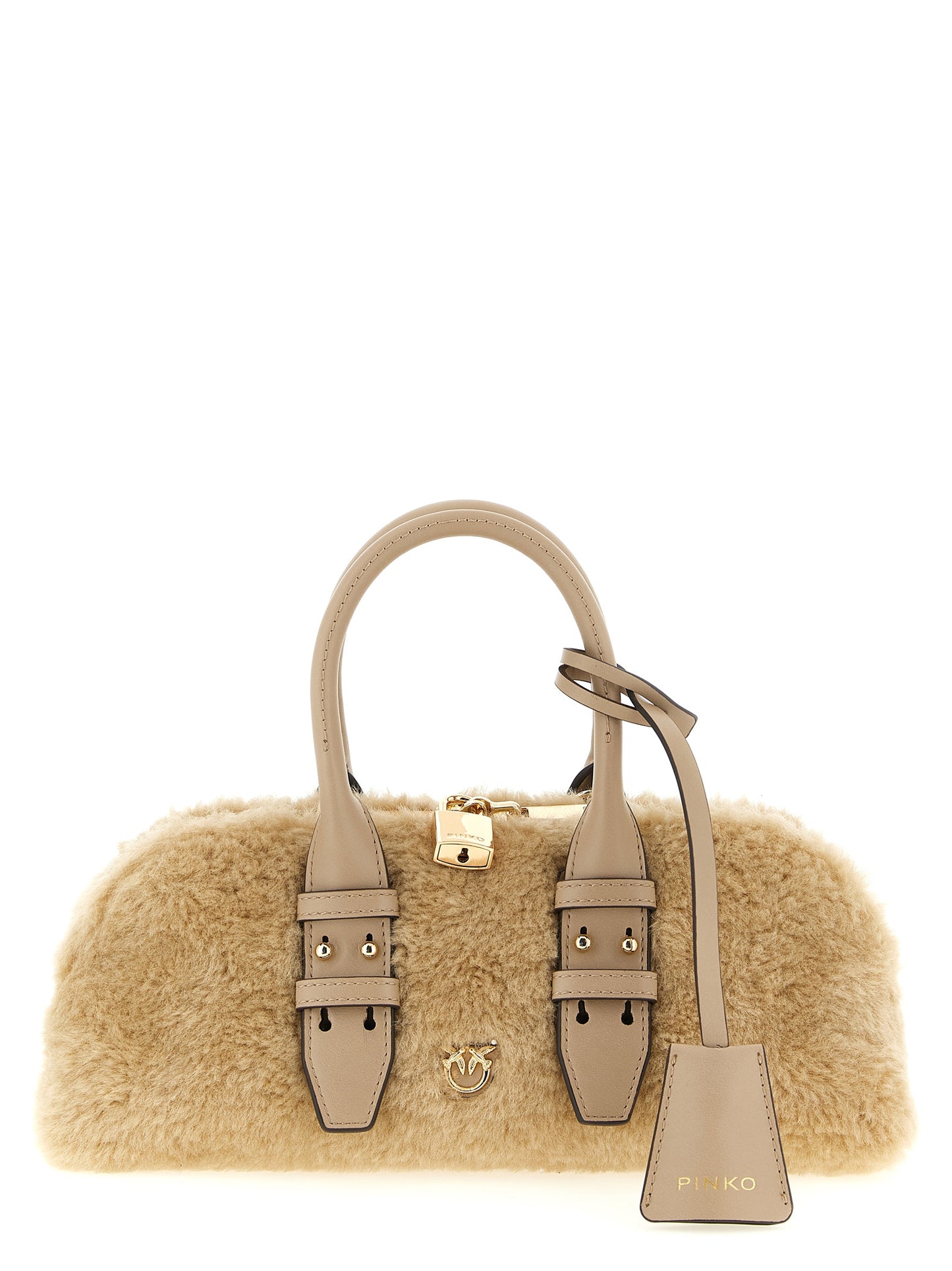 Handbag by PINKO for women in polyester gray & gold features a contemporary silhouette, showcasing a secure zipper & buckle, ample , and contemporary handle for a sophisticated look.