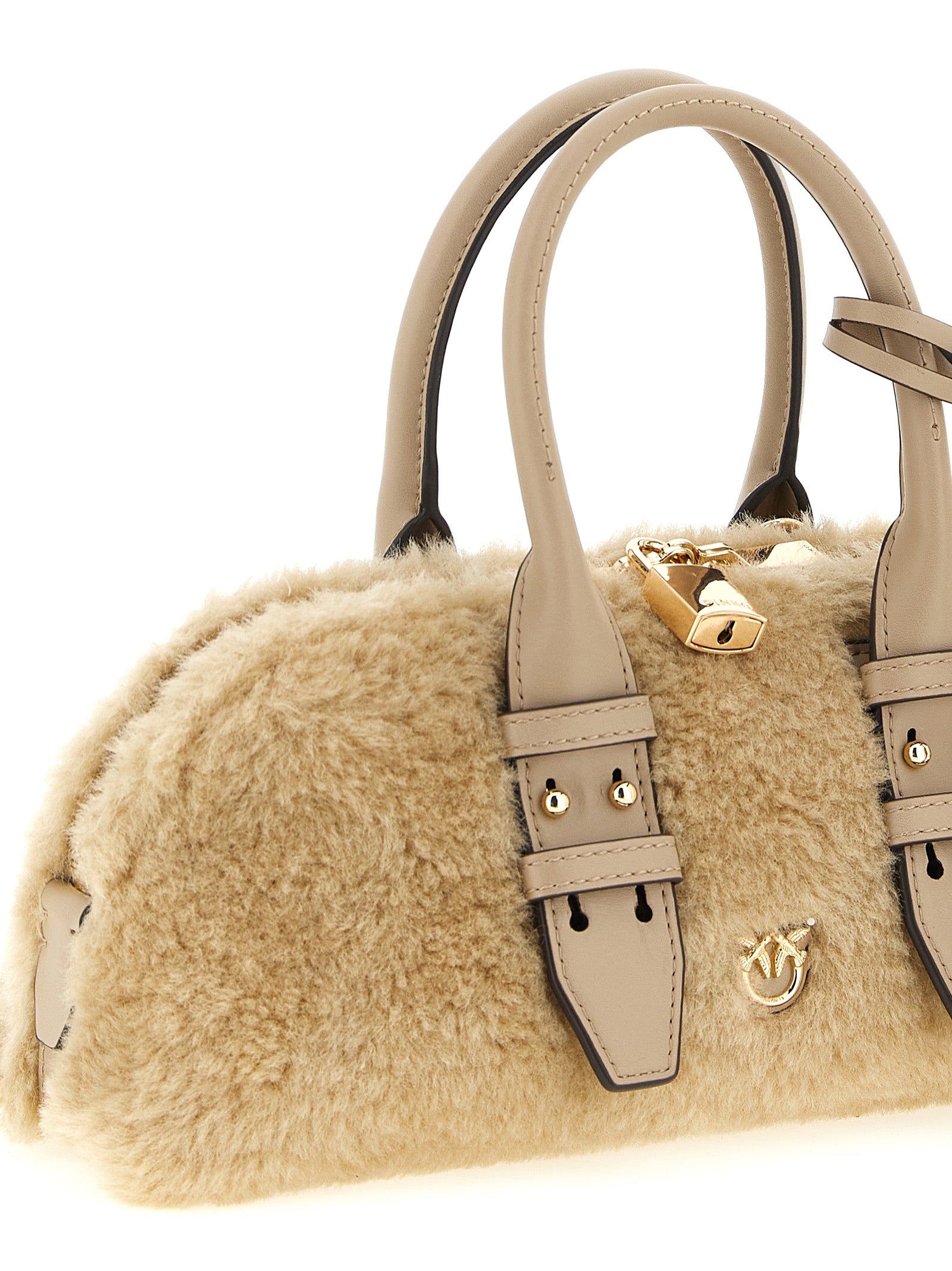 This Handbag by PINKO for women in polyester and gray & gold presents a sculptural silhouette featuring a secure zipper & buckle, ample , and versatile handle for a sculptural finish.