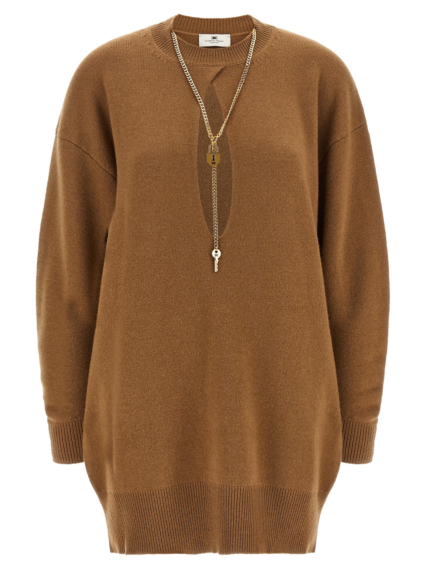 Dress by Elisabetta Franchi for women in polyamide & cashmere brown, gold & monogram showcases a striking silhouette, elegantly detailed with a , refined , and a striking short for a striking finish.