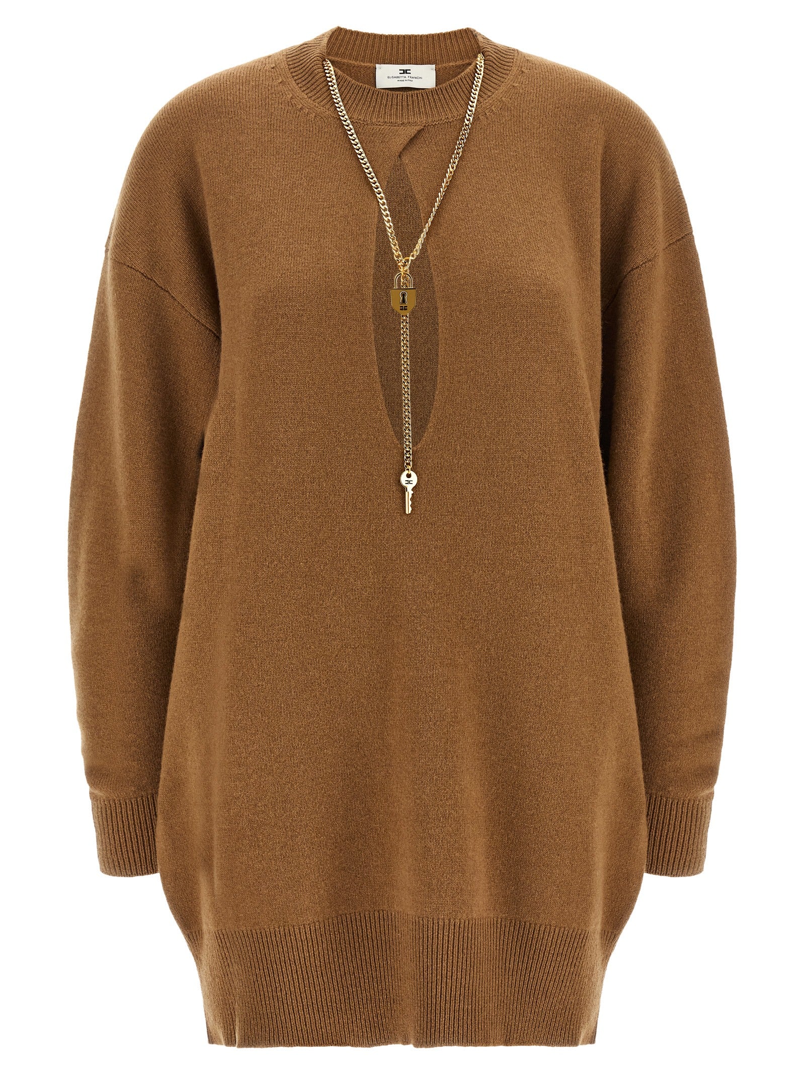 Dress by Elisabetta Franchi for women in polyamide & cashmere brown, gold & monogram showcases a striking silhouette, elegantly detailed with a , refined , and a striking short for a striking finish.