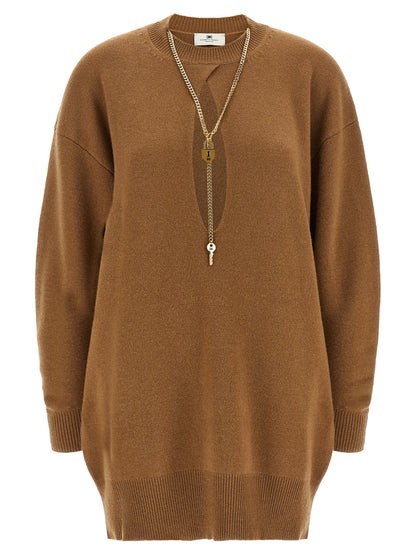 Dress by Elisabetta Franchi for women in polyamide & cashmere brown, gold & monogram showcases a striking silhouette, elegantly detailed with a , refined , and a striking short for a striking finish.