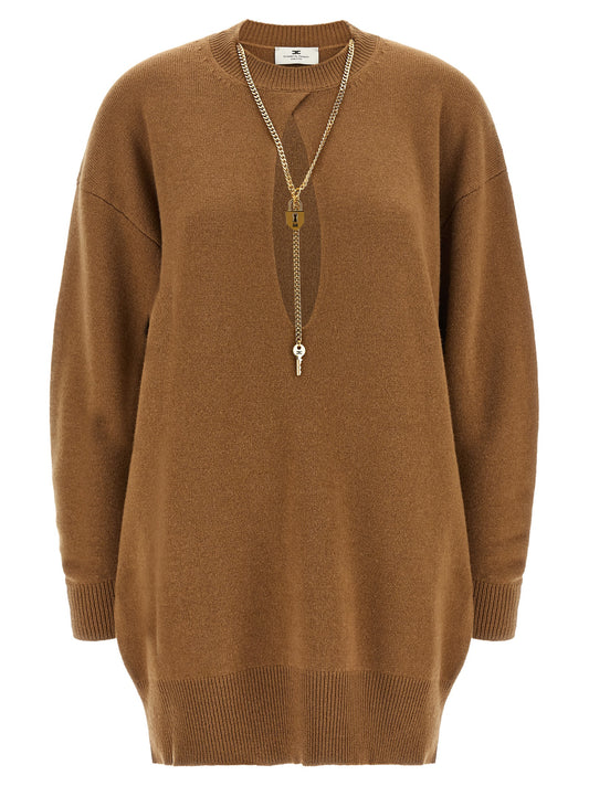 Dress by Elisabetta Franchi for women in polyamide & cashmere brown, gold & monogram showcases a striking silhouette, elegantly detailed with a , refined , and a striking short for a striking finish.