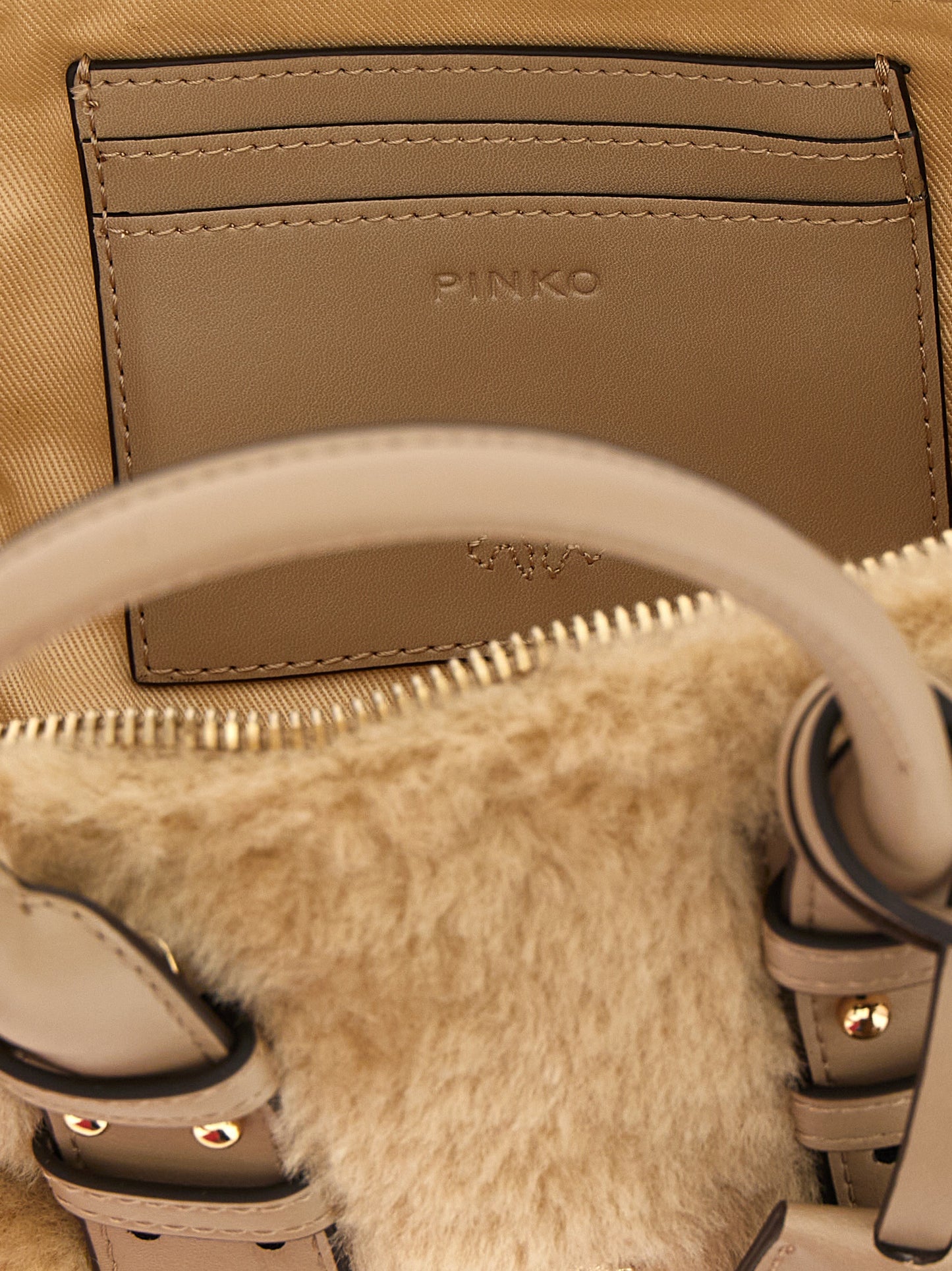 Handbag by PINKO for women in polyester gray & gold features a refined silhouette, showcasing a secure zipper & buckle, organized , and versatile handle for a refined finish.