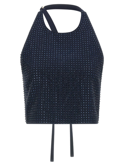 Tank Top by PINKO for women in polyester viscose & rhinestone dark-blue features an bespeak silhouette, showcasing an bespeak sleeveless and bespeak for a truly sophisticated look.