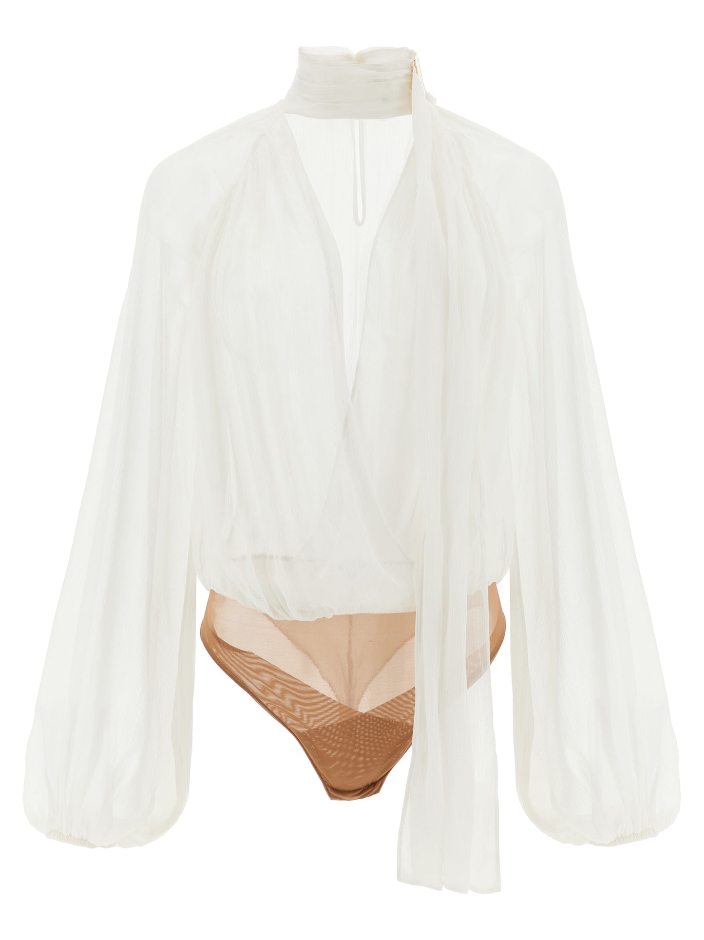 Bodysuit by Elisabetta Franchi for women in viscose gold, ivory & white features an provocative silhouette, showcasing a sophisticated v-neck neckline and provocative for a refined, provocative look.