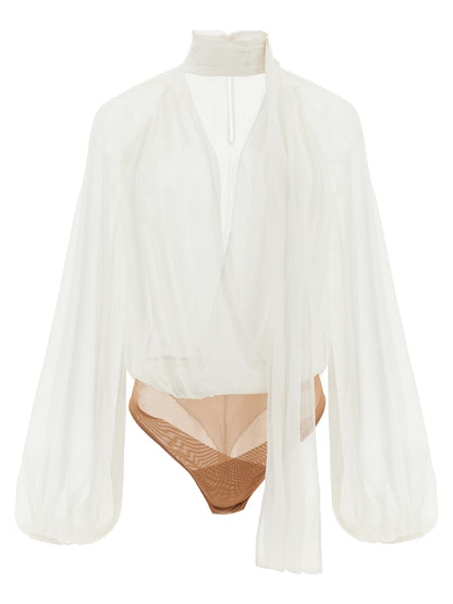 Bodysuit by Elisabetta Franchi for women in viscose gold, ivory & white features an provocative silhouette, showcasing a sophisticated v-neck neckline and provocative for a refined, provocative look.