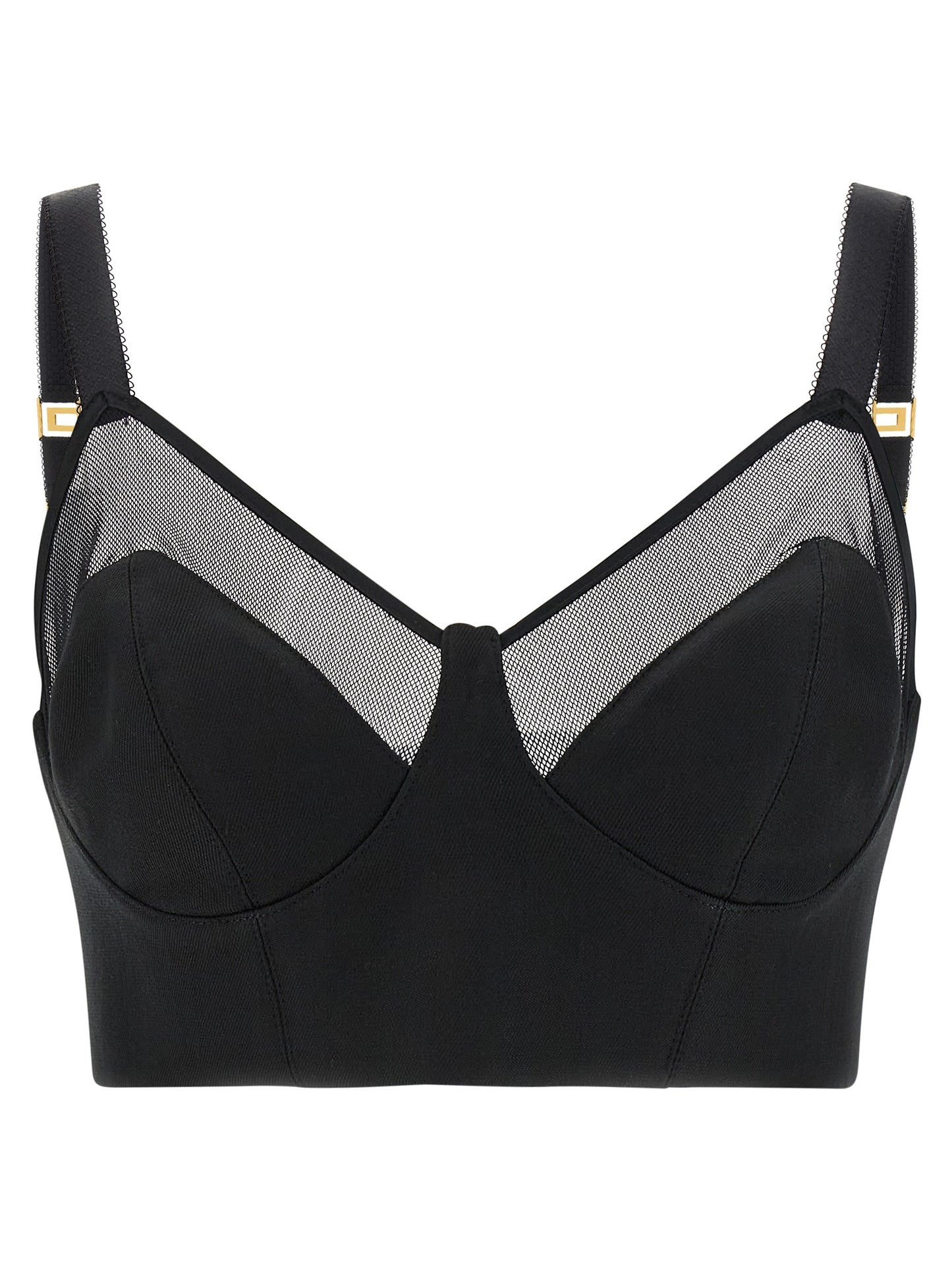 Tank Top by Elisabetta Franchi for women in polyamide viscose & virgin wool black, gold & transparent showcases a streamlined Women's Crop Top Wide Sweetheart Neck Polyamide Viscose & Virgin Wool Tank design with a streamlined sleeveless and sweetheart neckline.