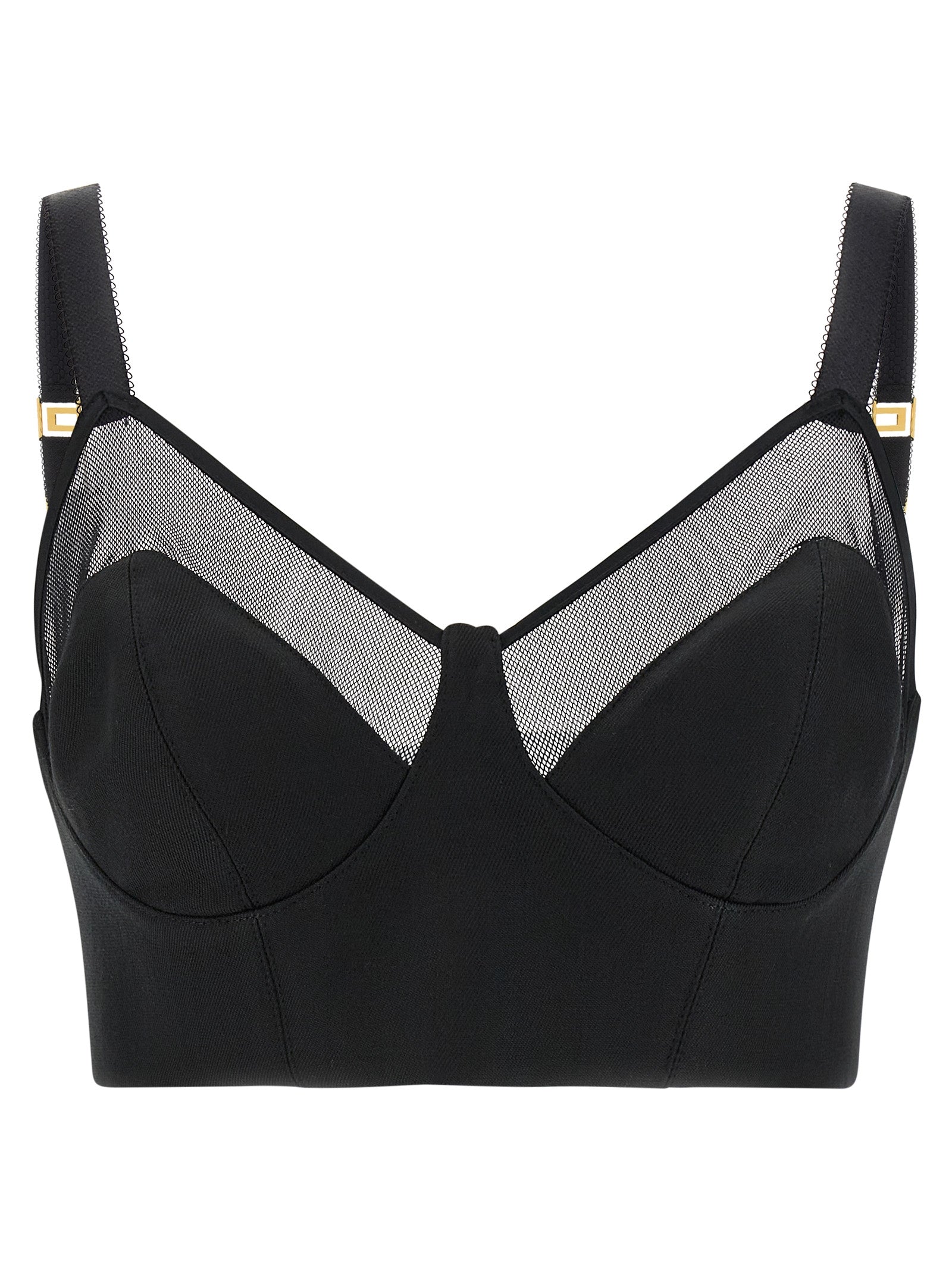 Tank Top by Elisabetta Franchi for women in polyamide viscose & virgin wool black, gold & transparent showcases a streamlined Women's Crop Top Wide Sweetheart Neck Polyamide Viscose & Virgin Wool Tank design with a streamlined sleeveless and sweetheart neckline.