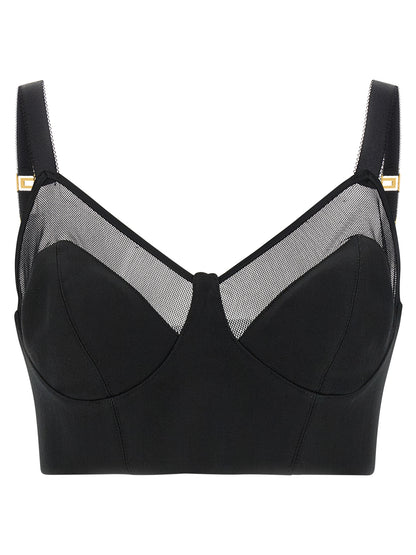 Tank Top by Elisabetta Franchi for women in polyamide viscose & virgin wool black, gold & transparent showcases a streamlined Women's Crop Top Wide Sweetheart Neck Polyamide Viscose & Virgin Wool Tank design with a streamlined sleeveless and sweetheart neckline.