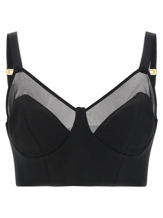 Tank Top by Elisabetta Franchi for women in polyamide viscose & virgin wool black, gold & transparent showcases a streamlined Women's Crop Top Wide Sweetheart Neck Polyamide Viscose & Virgin Wool Tank design with a streamlined sleeveless and sweetheart neckline.