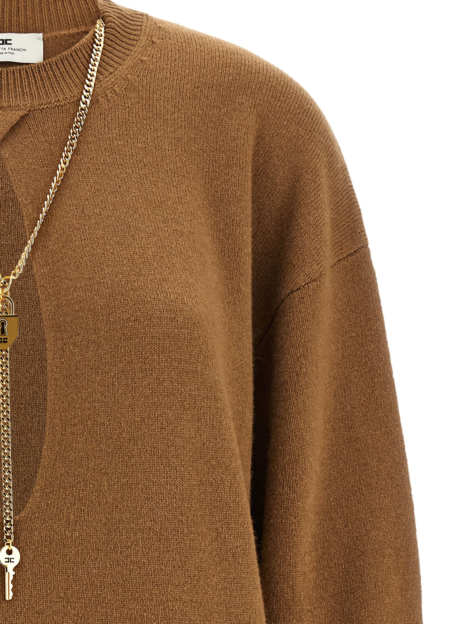 Dress by Elisabetta Franchi for women in polyamide & cashmere brown, gold & monogram features a dramatic silhouette, showcasing an elegant and that flows into a dramatic short.