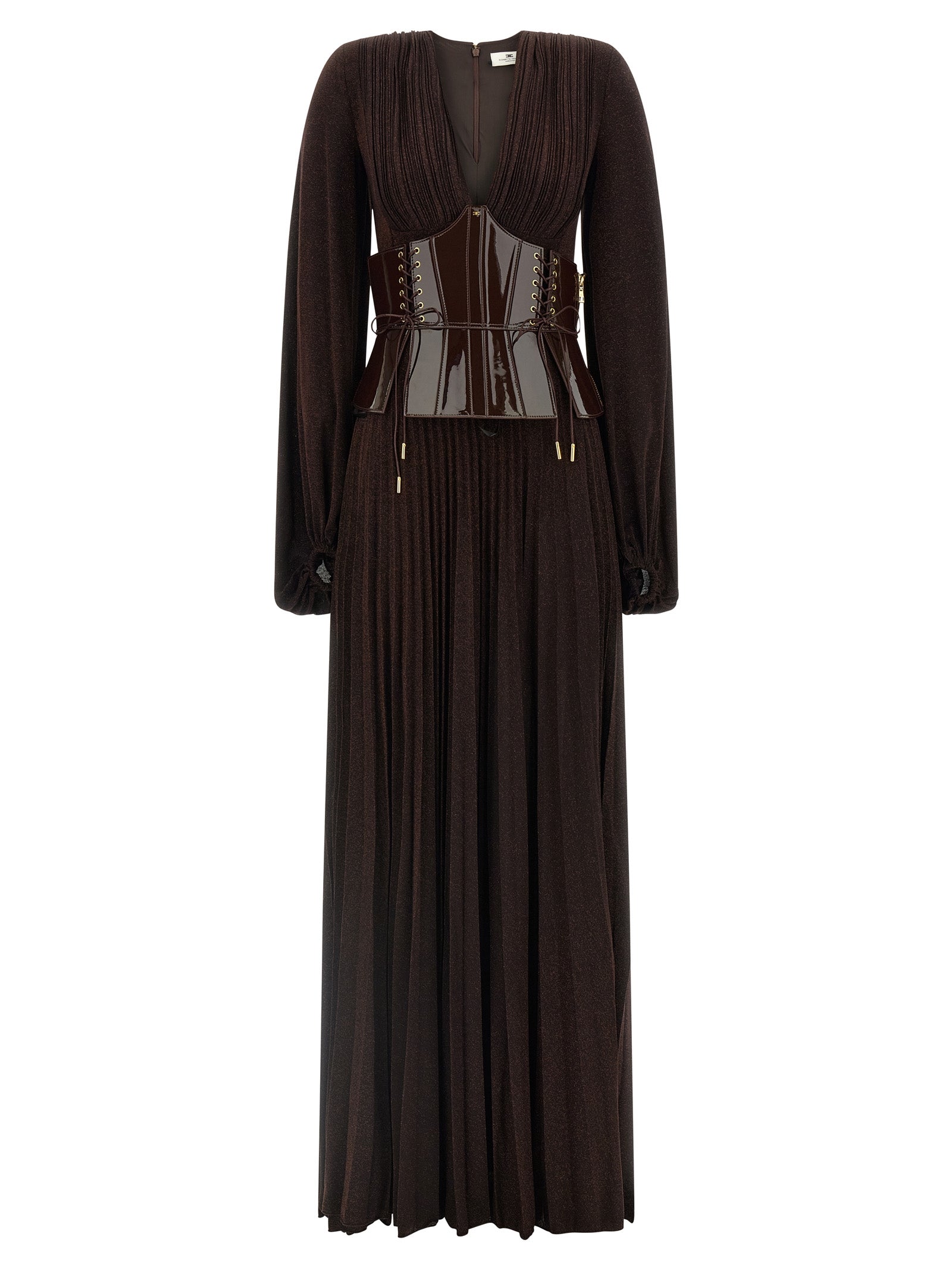 Dress by Elisabetta Franchi for women in viscose polyester & polyamide brown & red showcases a striking silhouette, elegantly detailed with a , refined v-neck plunging neckline, and a striking long for a striking finish.