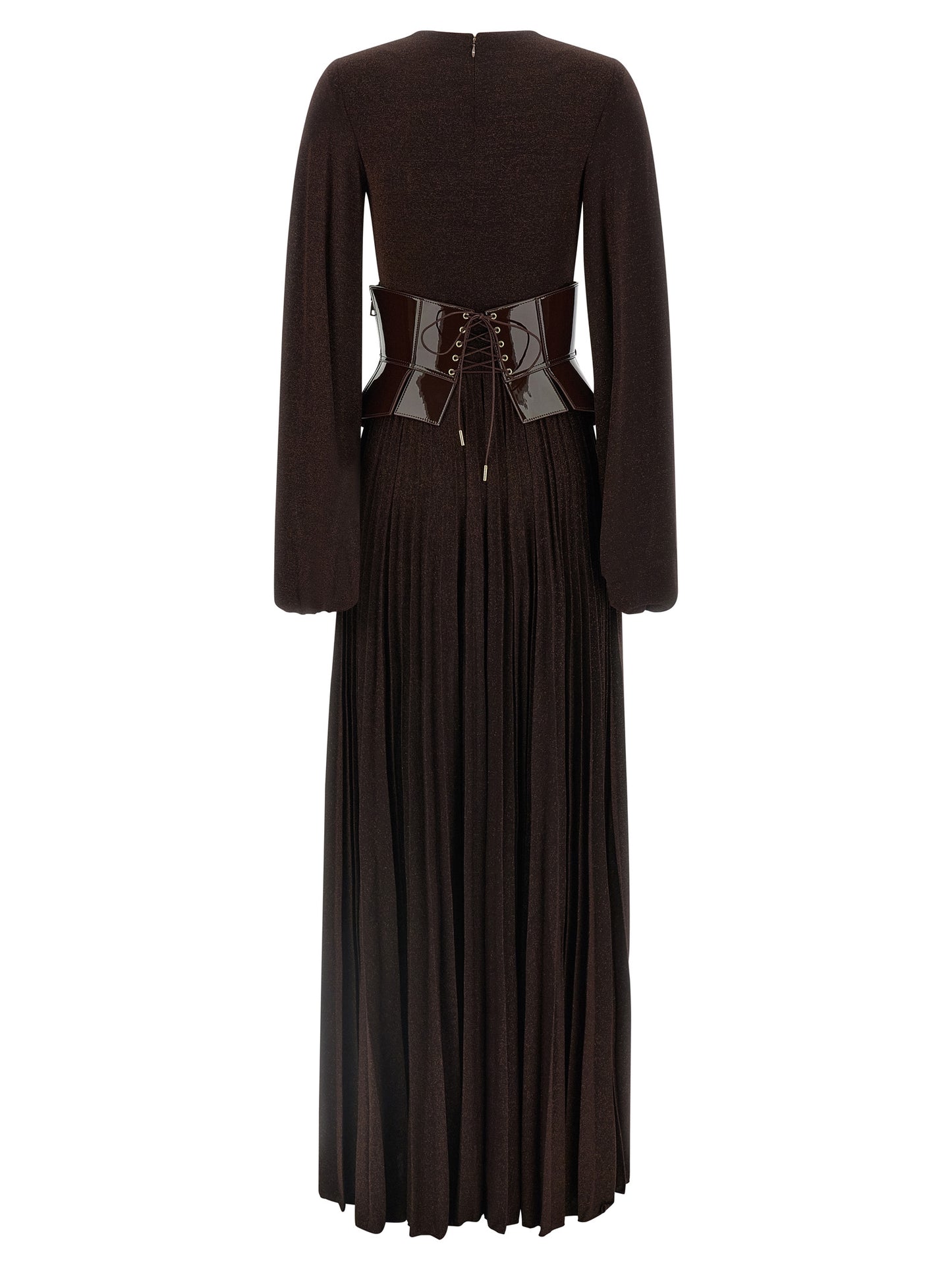Dress by Elisabetta Franchi for women in viscose polyester & polyamide brown & red features an sultry silhouette defined by a v-neck plunging neckline and , falling to an sultry long for a sultry look.