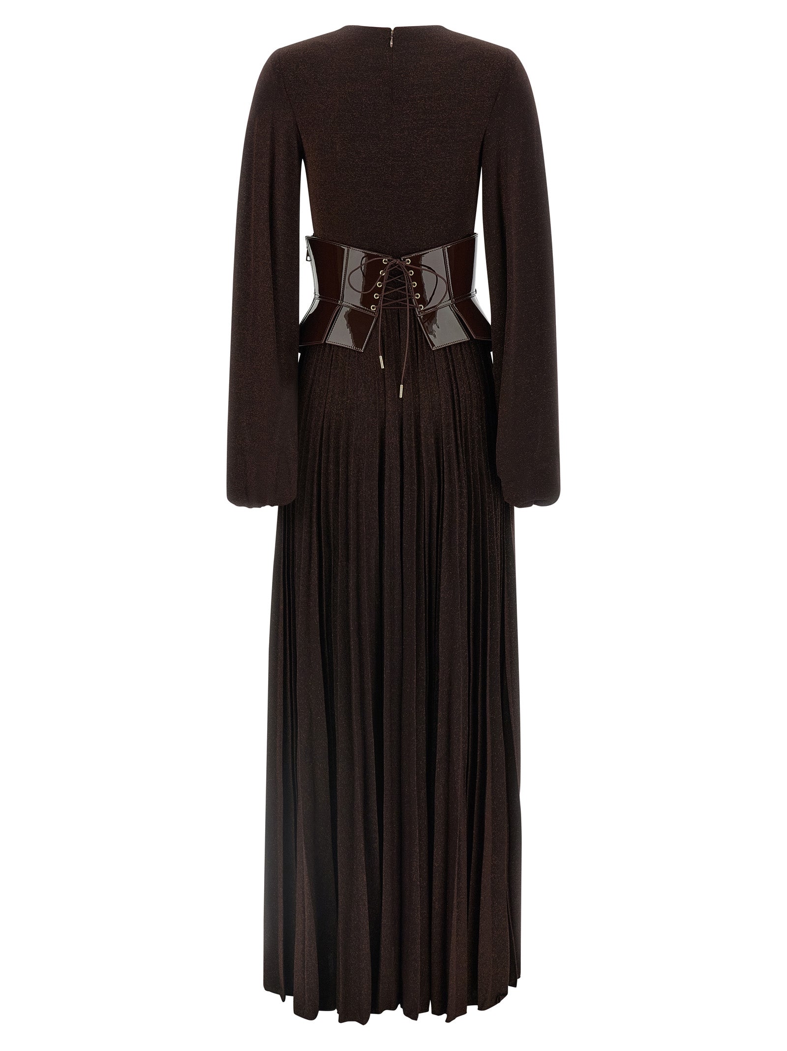 Dress by Elisabetta Franchi for women in viscose polyester & polyamide brown & red features an sultry silhouette defined by a v-neck plunging neckline and , falling to an sultry long for a sultry look.