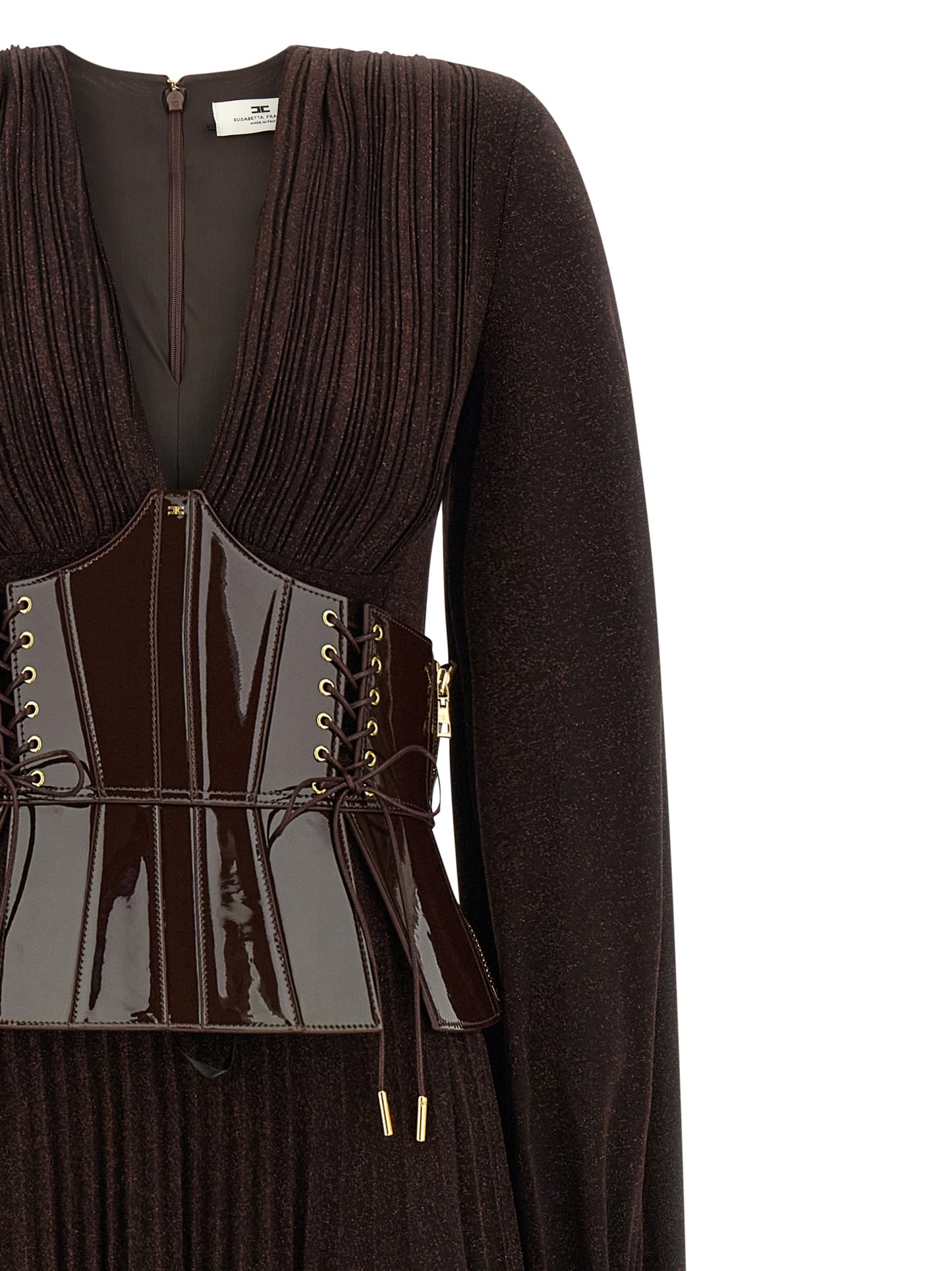 Dress by Elisabetta Franchi for women in viscose polyester & polyamide brown & red features a dramatic silhouette, showcasing an elegant v-neck plunging neckline and that flows into a dramatic long.