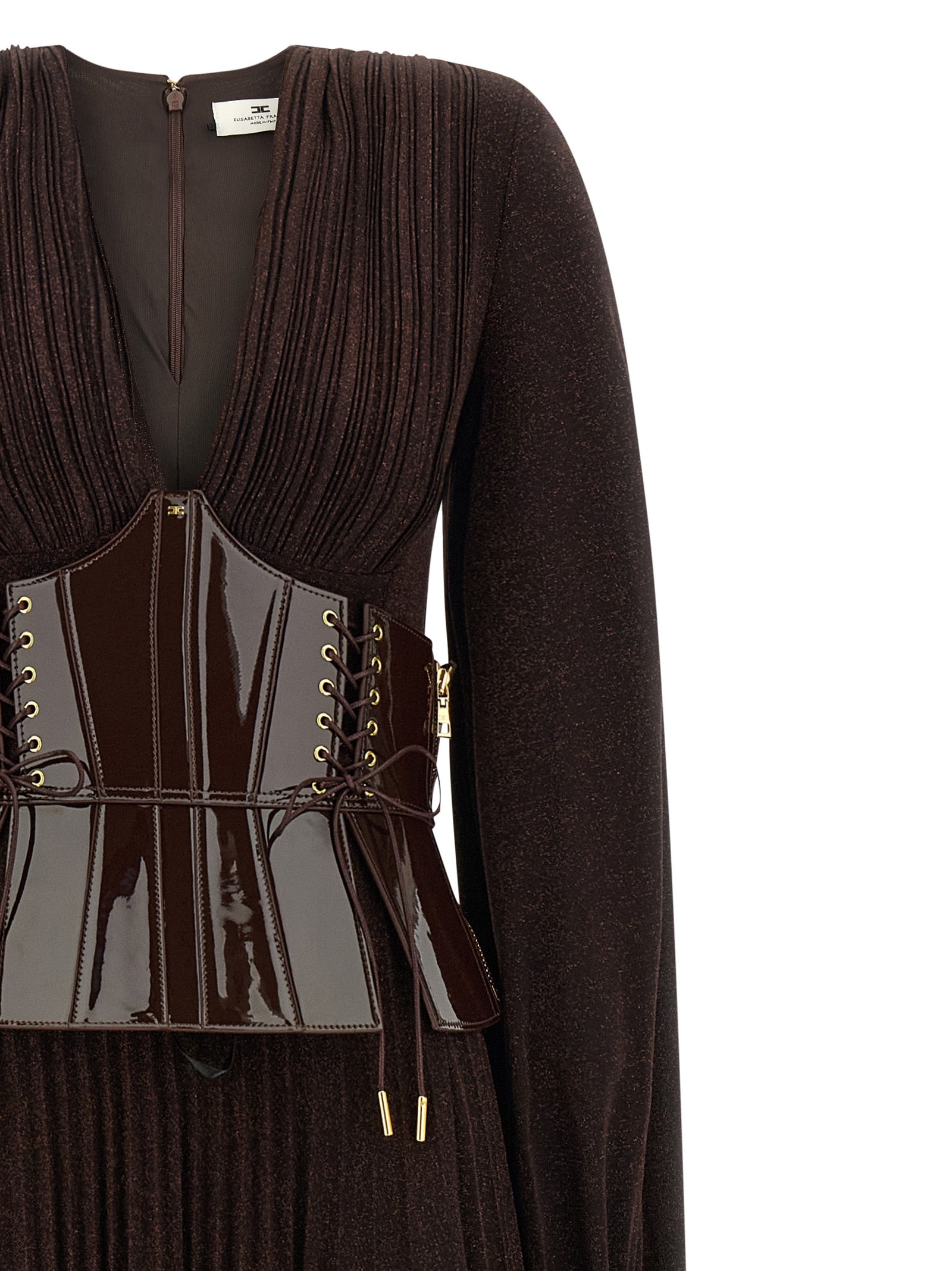 Dress by Elisabetta Franchi for women in viscose polyester & polyamide brown & red features a dramatic silhouette, showcasing an elegant v-neck plunging neckline and that flows into a dramatic long.