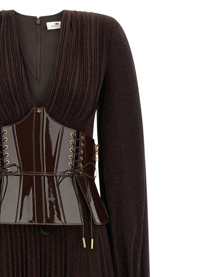Dress by Elisabetta Franchi for women in viscose polyester & polyamide brown & red features a dramatic silhouette, showcasing an elegant v-neck plunging neckline and that flows into a dramatic long.
