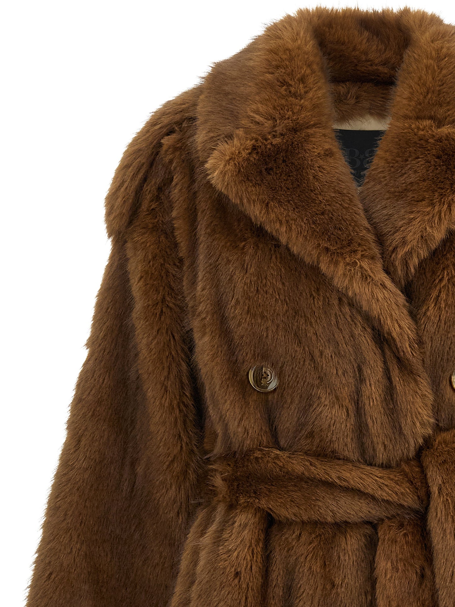 Trench Coat by B&B COUTURE for women in polyester brown features an dramatic silhouette, perfectly showcasing the elegant lapel neckline and sophisticated for a truly dramatic aesthetic.