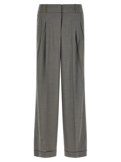 Trousers by Peserico for women in virgin wool & viscose gray features a tailored silhouette with a tailored relaxed-fit & wide, defined by its long and a sophisticated .