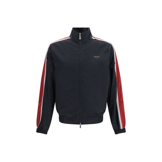 Bomber Jacket by Versace for men in nylon black & jacquard presents a effortlessly chic silhouette, showcasing a sophisticated stand-collar neckline and premium lightweight & pockets for a truly effortlessly chic finish.