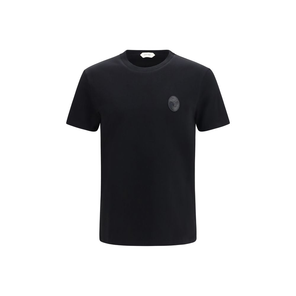 T-Shirt by Versace for men in stretch cotton black showcases a unassuming silhouette, artfully detailed with a refined crew neckline and unassuming short-sleeve for a sophisticated, contemporary look.